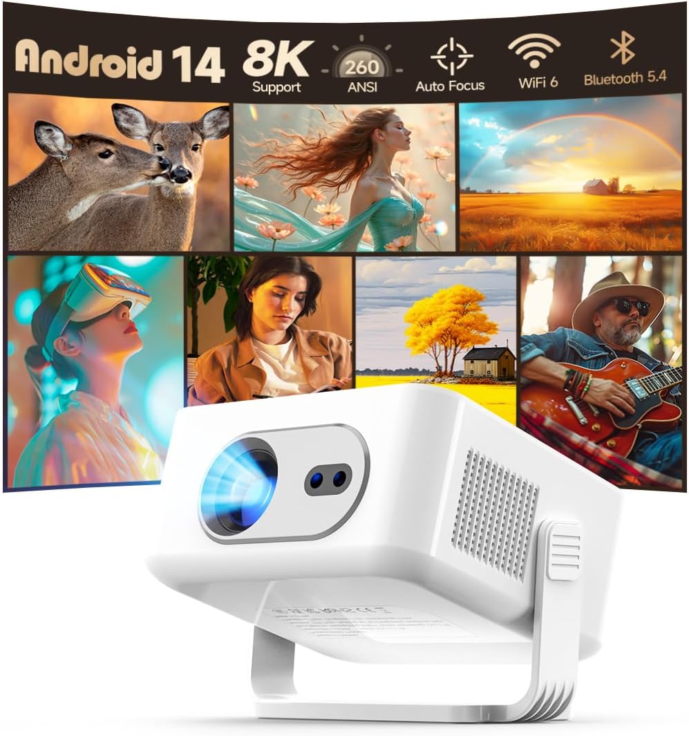 Alwtniet 4K Projectors Portable Projector with WiFi 6, Android 14, and DEMO