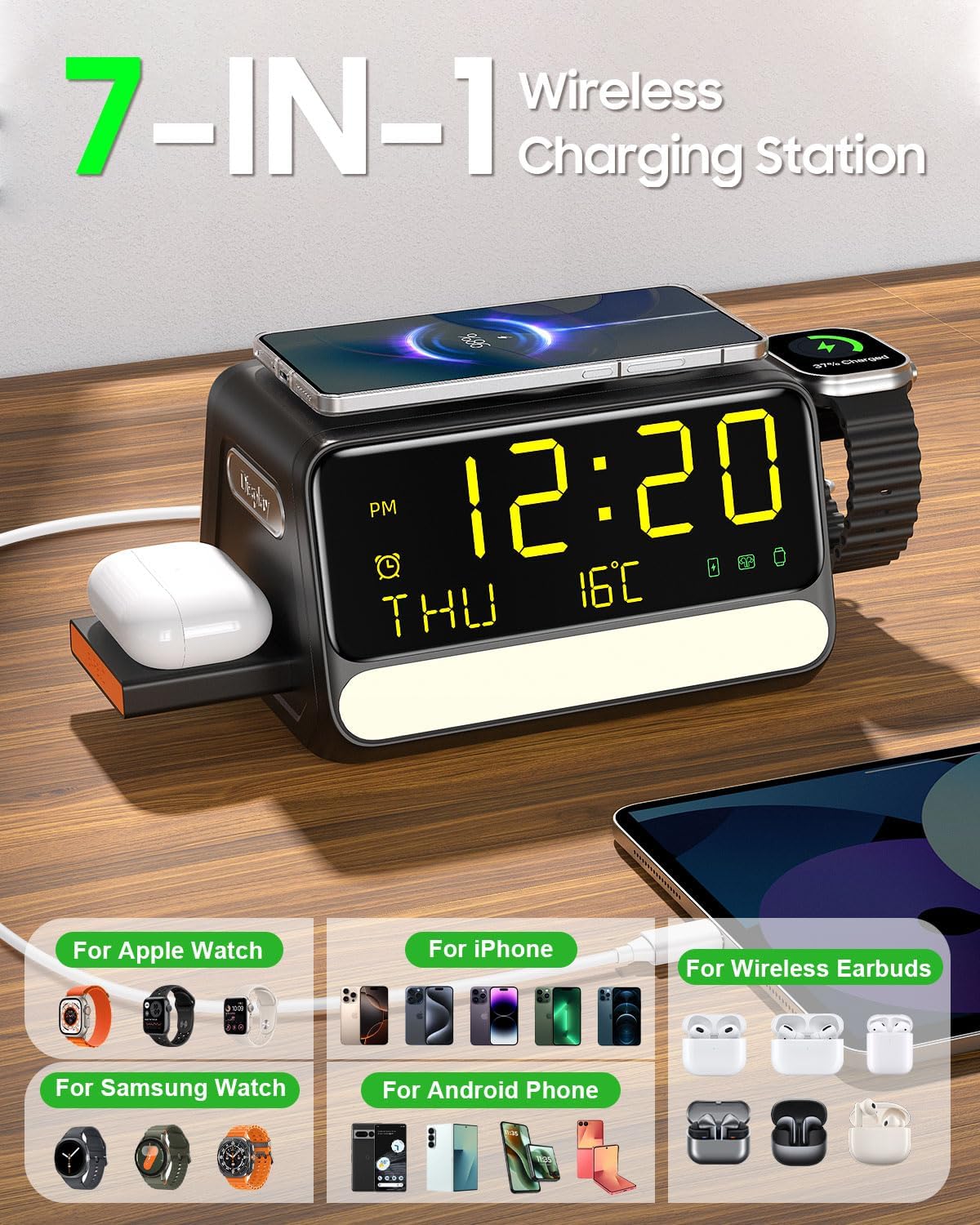 soyes 7-in-1 Induction Chargers Wireless Charging Station with Alarm Clock DEMO