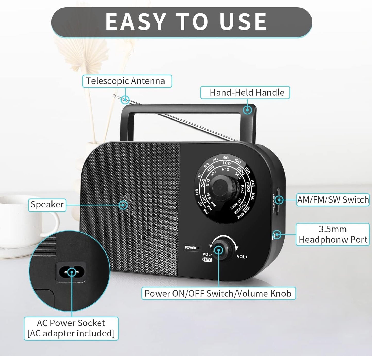 Portable AM/FM Radio with Best Reception Transistor Battery Operated Black DEMO