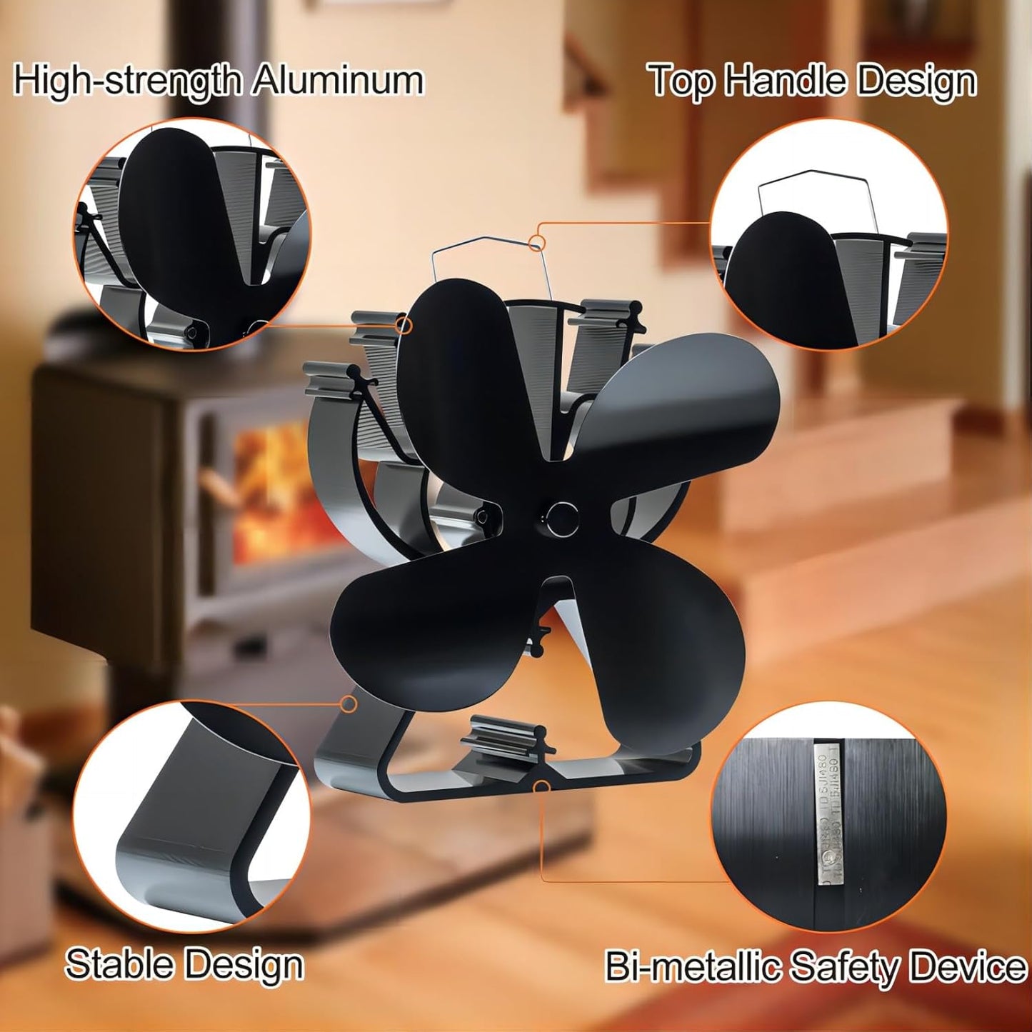VODA Black Wood Stove Fan - Thermal Heat Powered Fireplace Accessory DEMO