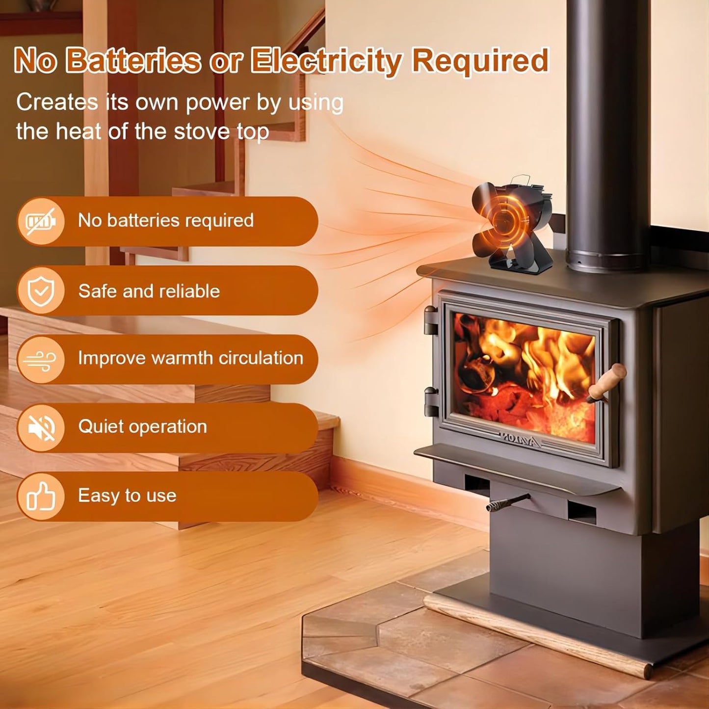 VODA Black Wood Stove Fan - Thermal Heat Powered Fireplace Accessory DEMO