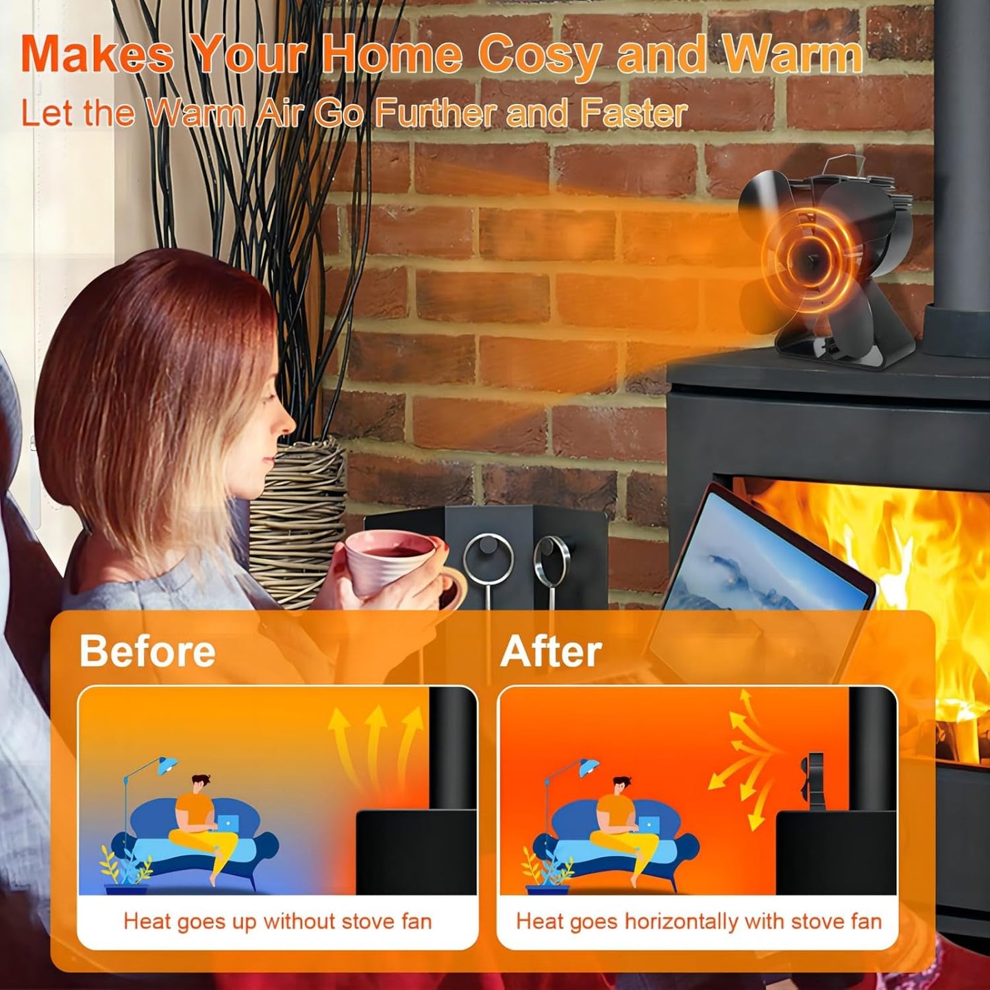 VODA Black Wood Stove Fan - Thermal Heat Powered Fireplace Accessory DEMO