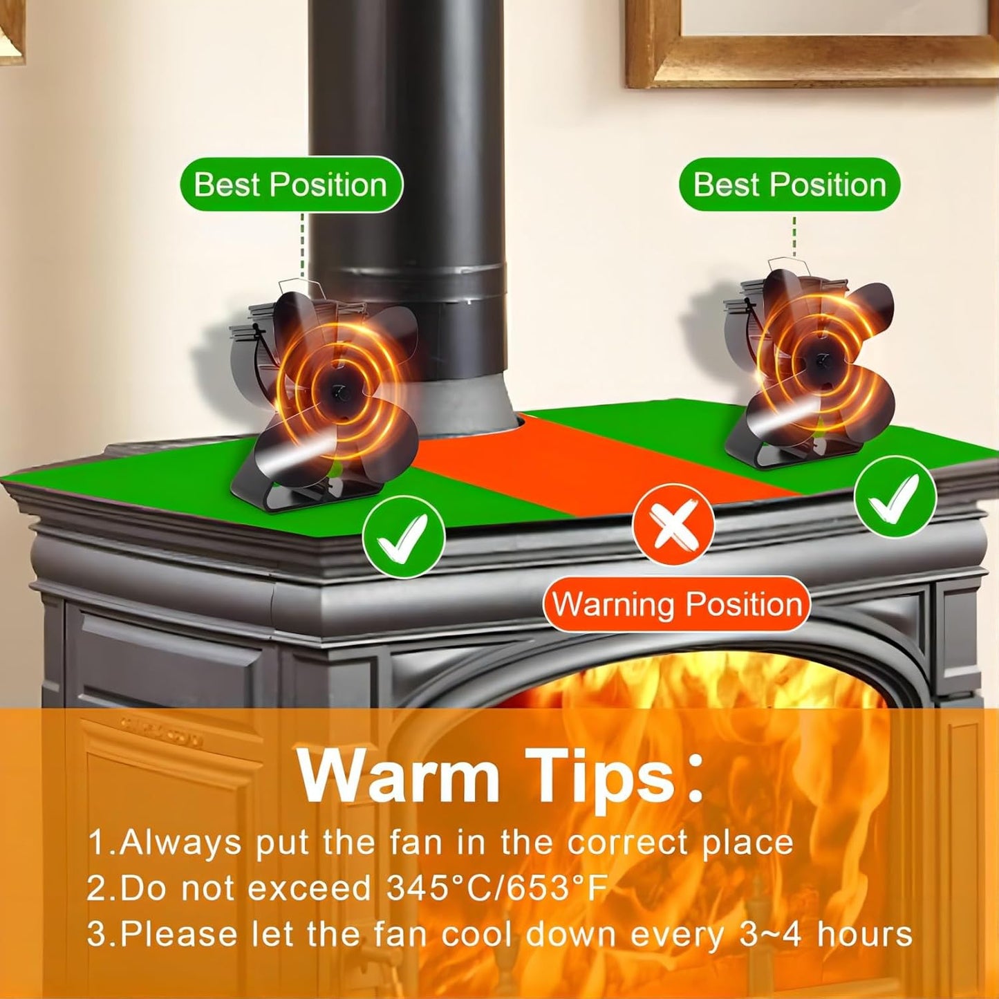 VODA Black Wood Stove Fan - Thermal Heat Powered Fireplace Accessory DEMO