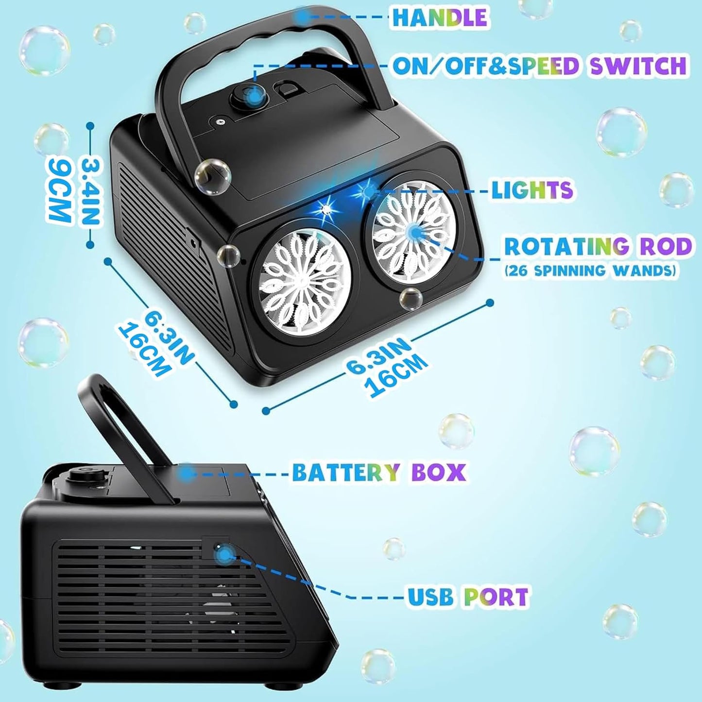 konnitosu Automatic Bubble Machine for Kids Gifts, Black, 15 cm x 9 Size DEMO