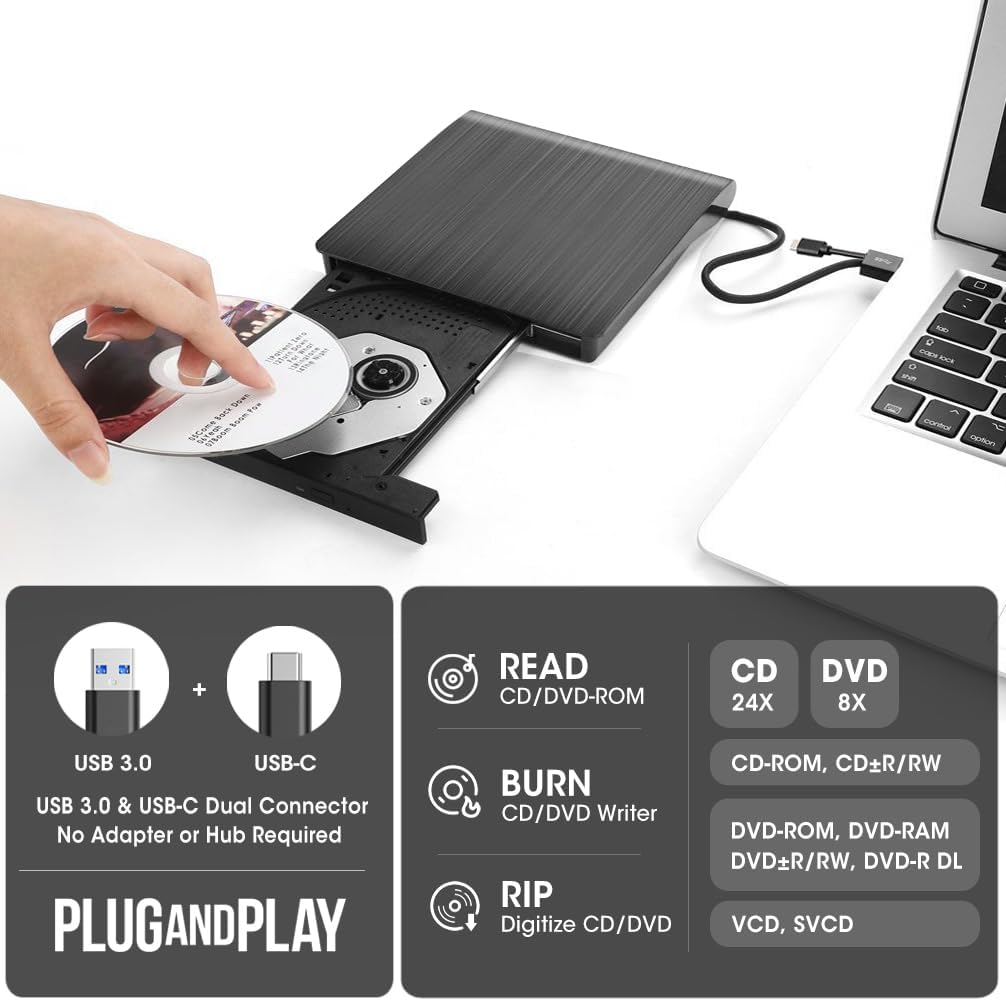 ROOFULL USB 3.0 & USB-C External CD DVD +/-RW Drive for Laptop Mac, Black DEMO