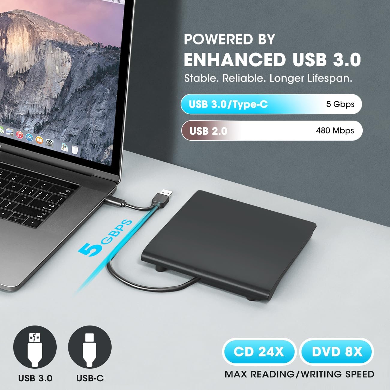 ROOFULL USB 3.0 & USB-C External CD DVD +/-RW Drive for Laptop Mac, Black DEMO