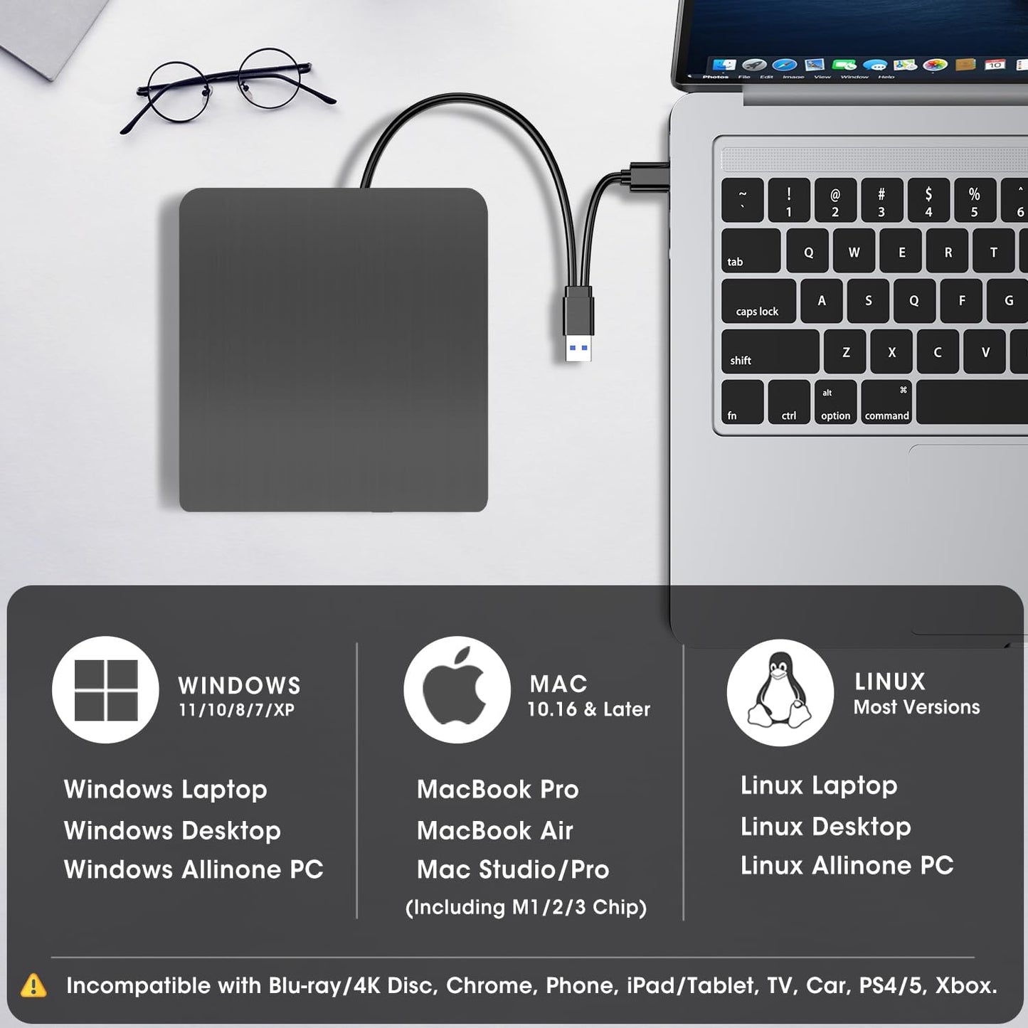 ROOFULL USB 3.0 & USB-C External CD DVD +/-RW Drive for Laptop Mac, Black DEMO