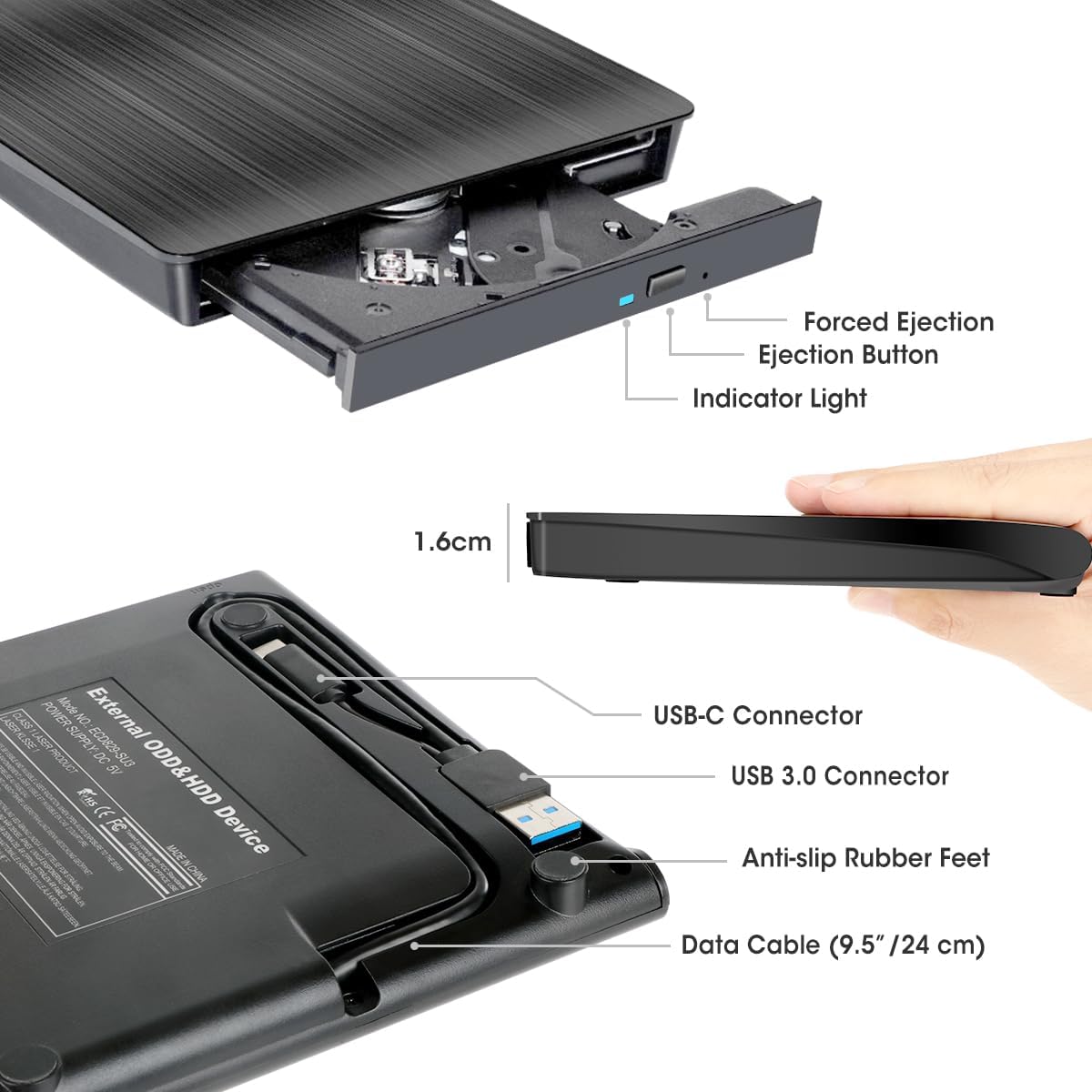 ROOFULL USB 3.0 & USB-C External CD DVD +/-RW Drive for Laptop Mac, Black DEMO