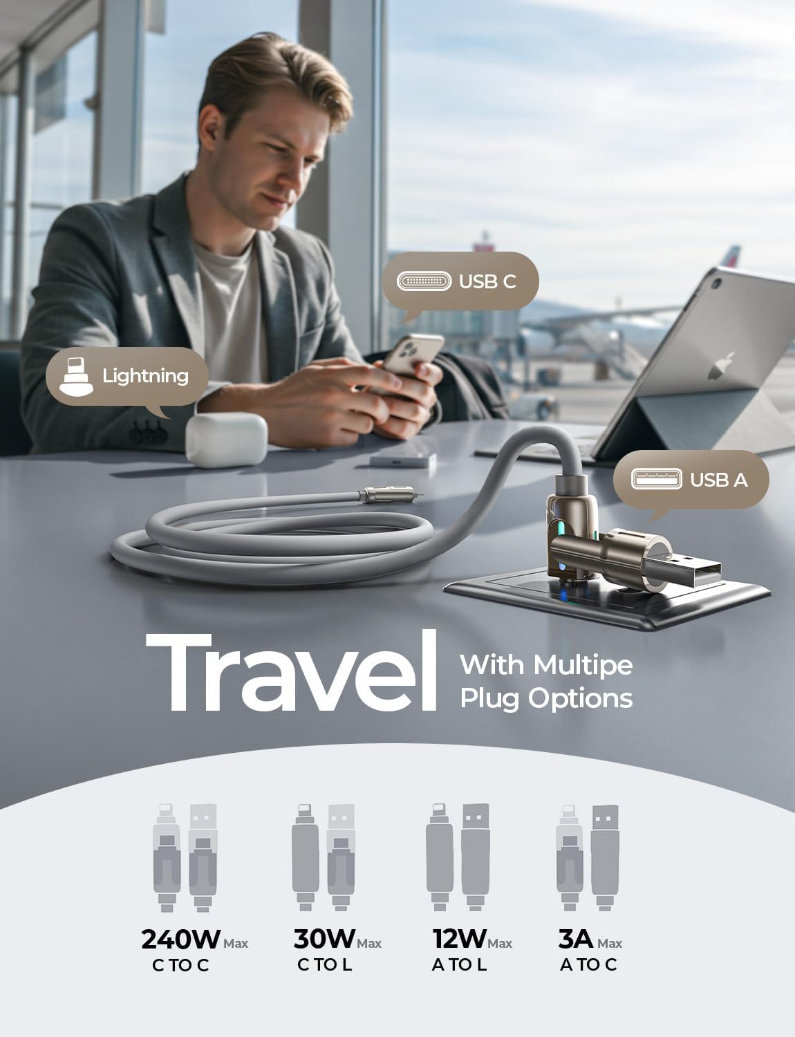 LISEN 4-in-1 USB Cables USB-C Charging Cable 240W Fast Charge, Grey - NEW