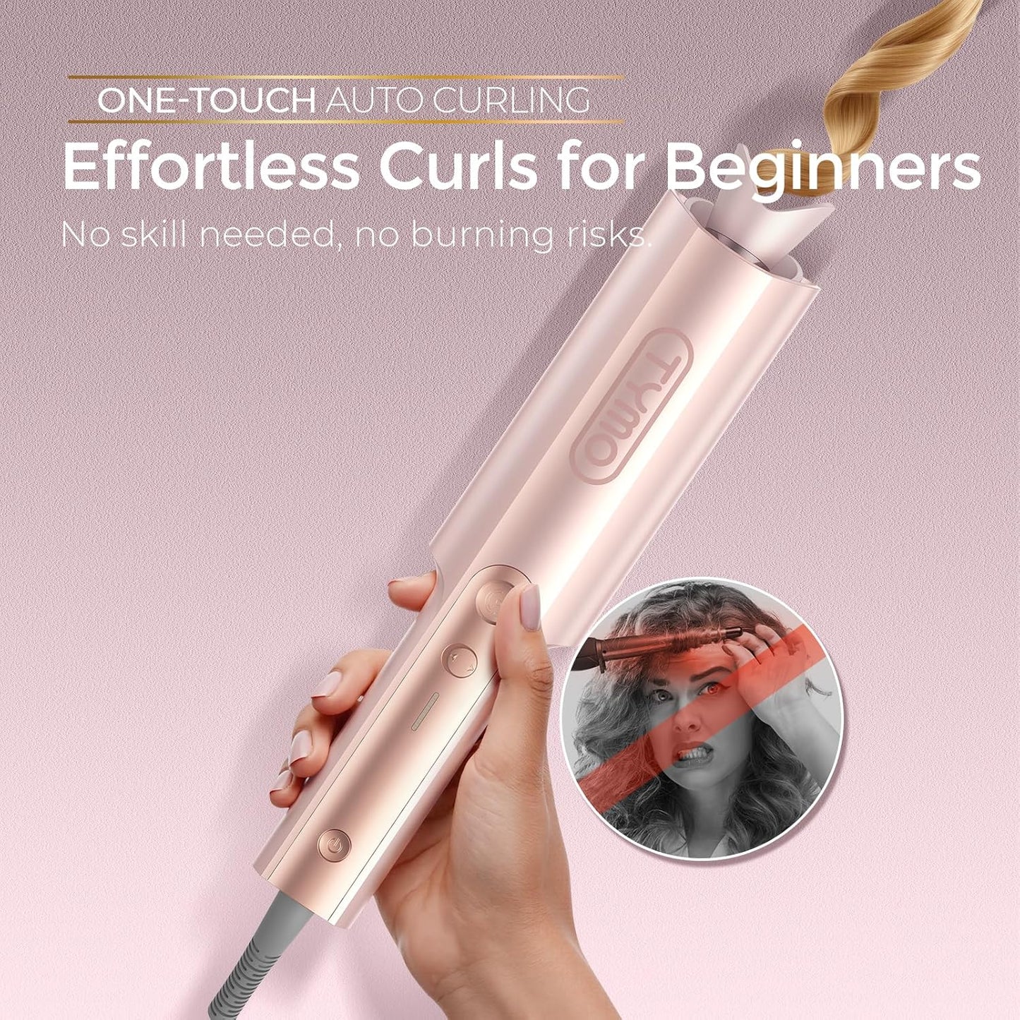 TYMO CurlPro Plus Automatic Rotating Curling Tong Hair Curler 25mm Blush DEMO