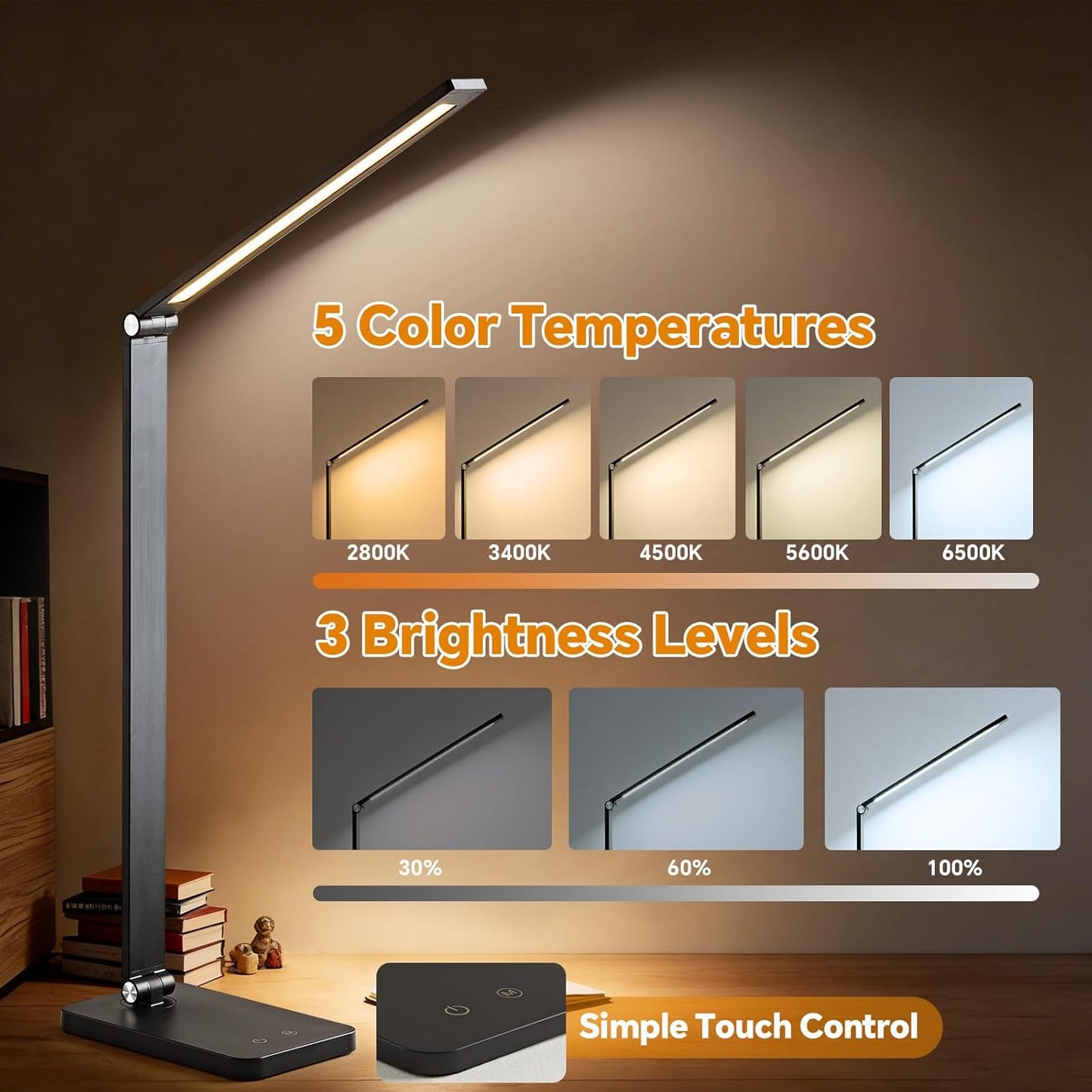 Flashine Bright LED Desk Lamp with USB Charging Port, Black, 1 Pack DEMO