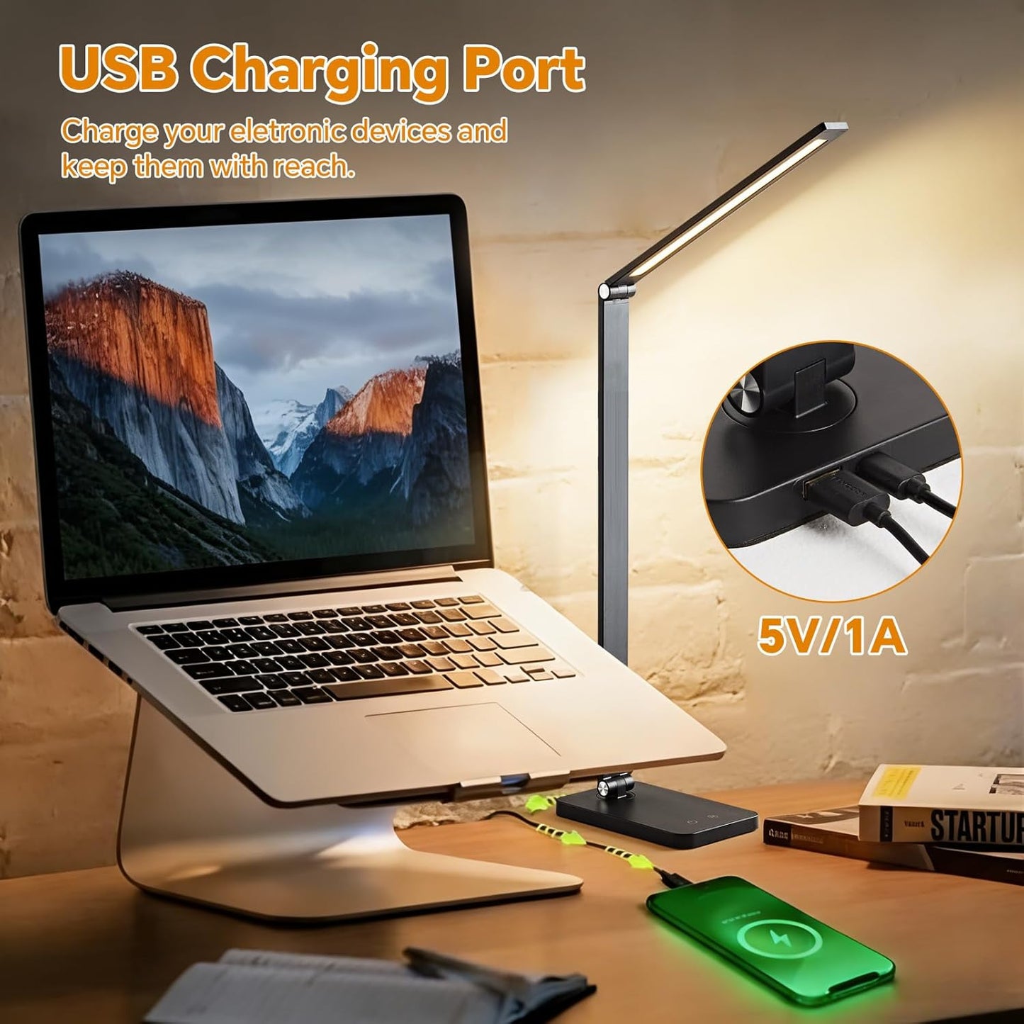 Flashine Bright LED Desk Lamp with USB Charging Port, Black, 1 Pack DEMO