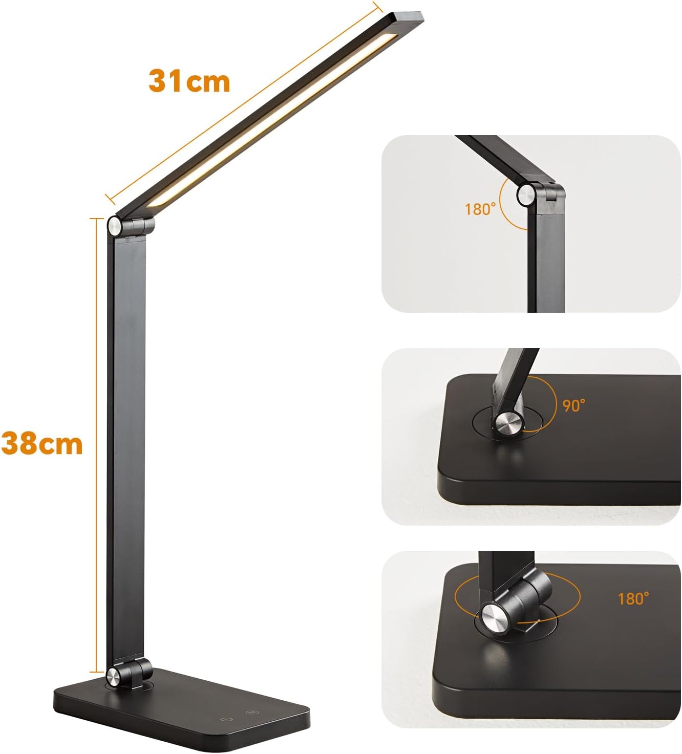 Flashine Bright LED Desk Lamp with USB Charging Port, Black, 1 Pack DEMO