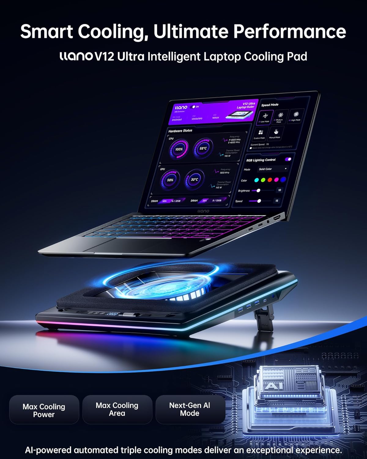 llano Laptop Cooling Pad with Smart Software Control RGB Gaming Accessories NEW