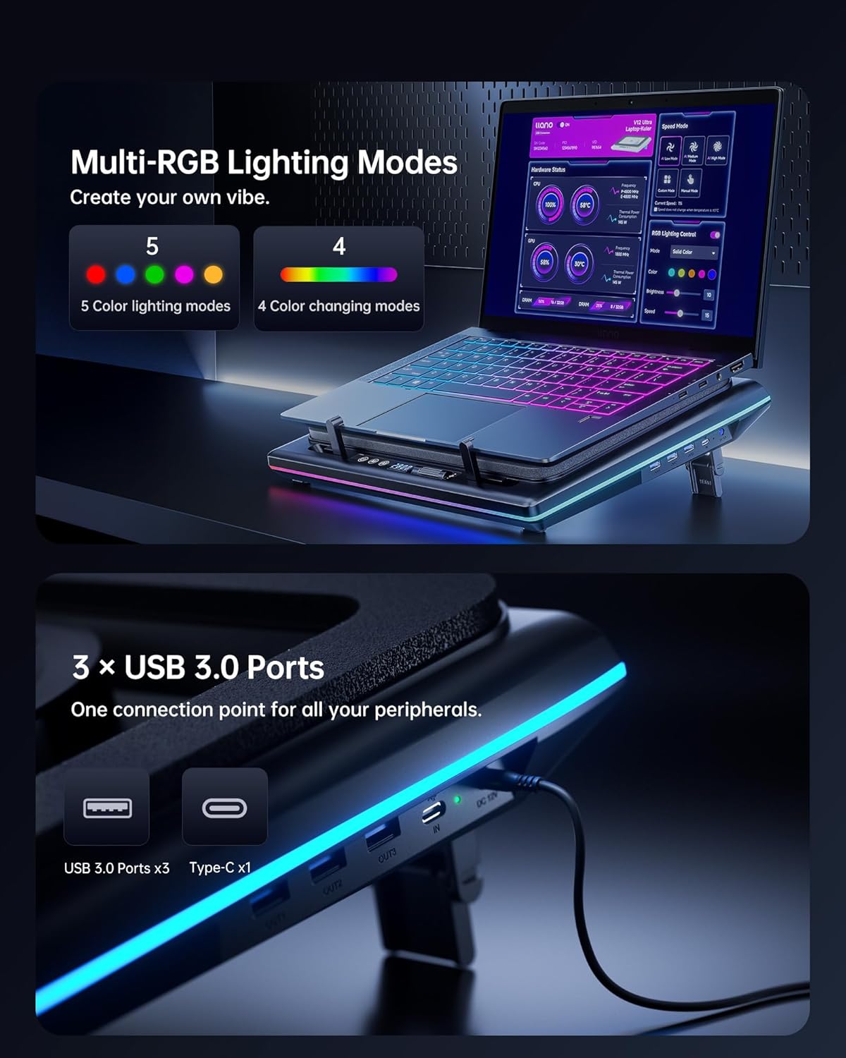 llano Laptop Cooling Pad with Smart Software Control RGB Gaming Accessories NEW