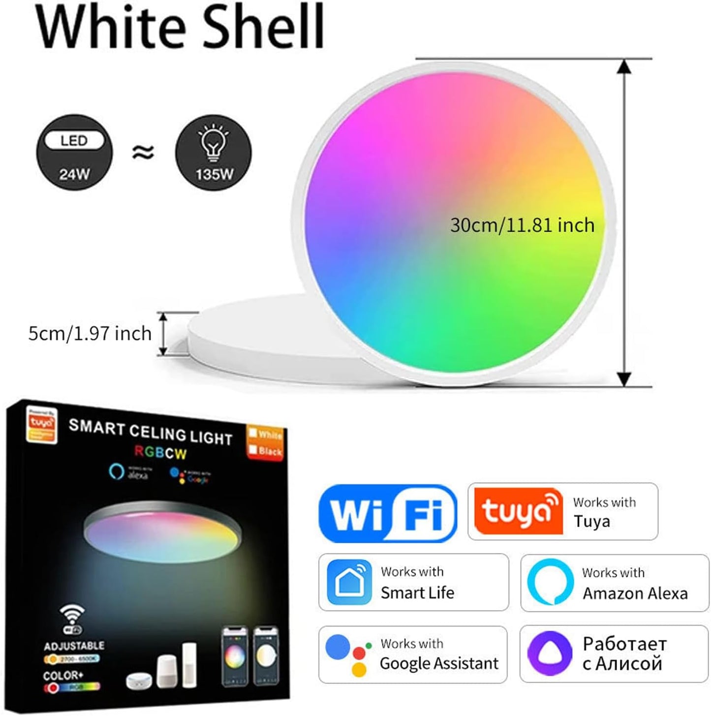 PORIYA 24W WiFi Smart Ceiling Light Fixture - Ultra-Thin Voice Control for DEMO