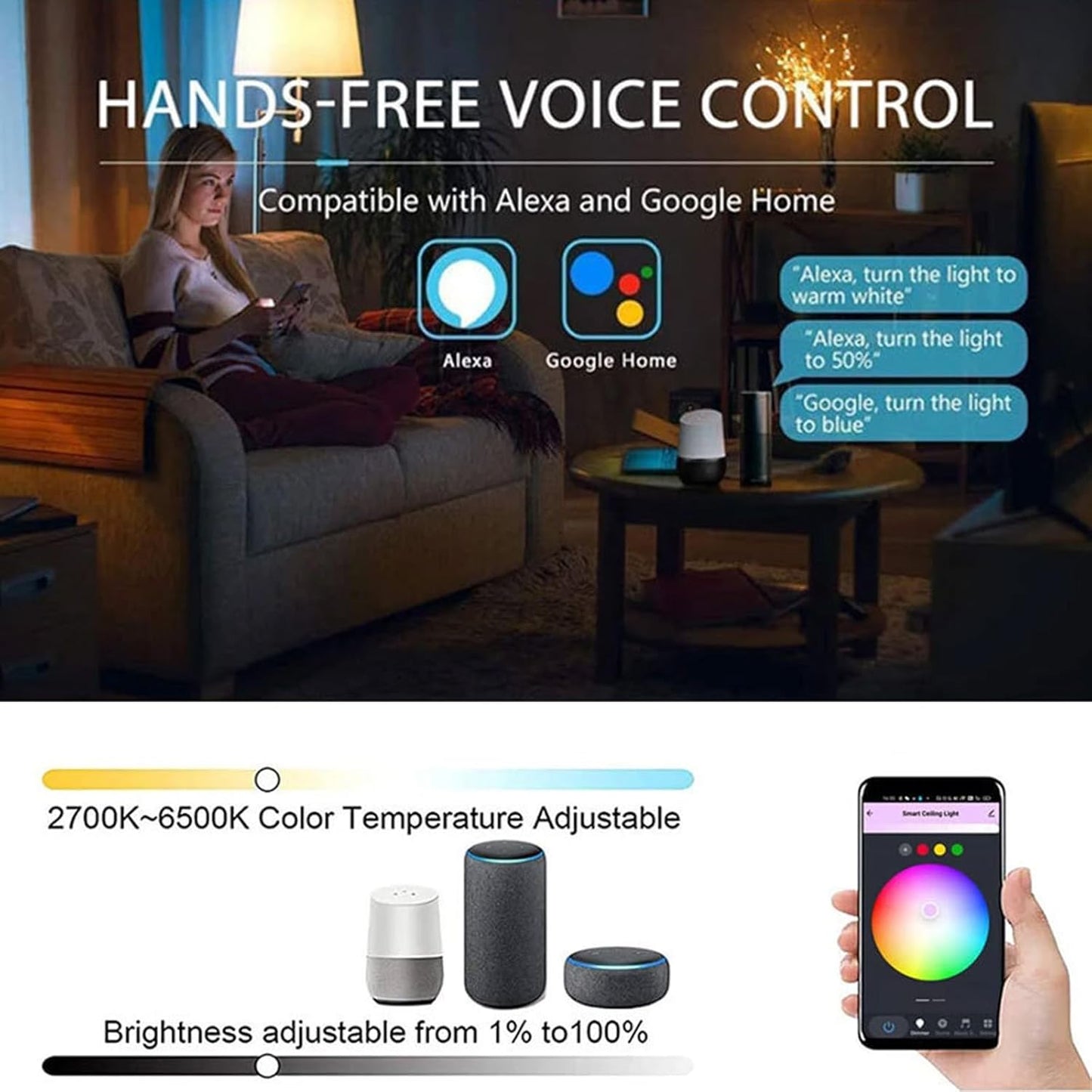 PORIYA 24W WiFi Smart Ceiling Light Fixture - Ultra-Thin Voice Control for DEMO
