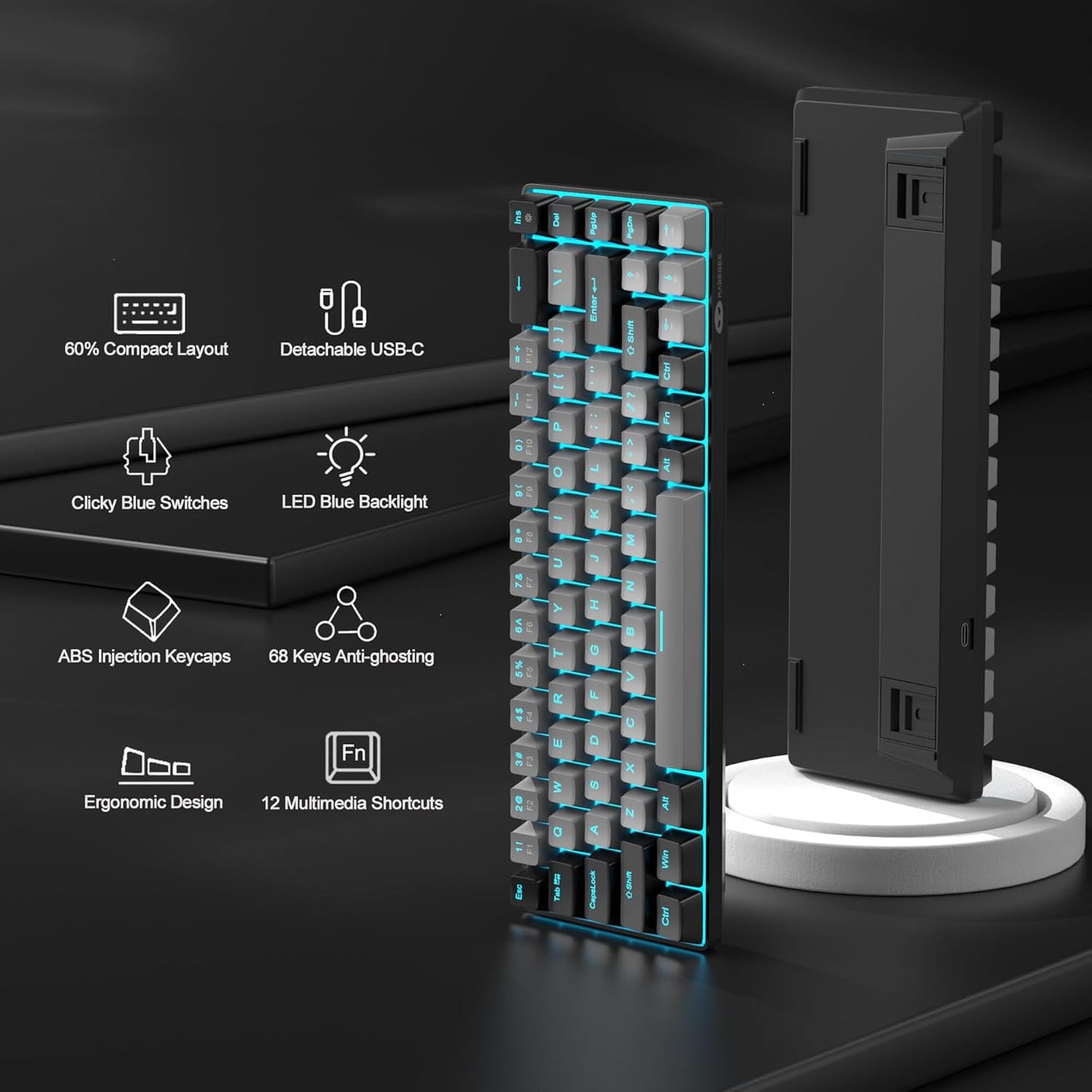 MageGee Compact 68-Key Mechanical Gaming Keyboard LED Backlit Grey DEMO