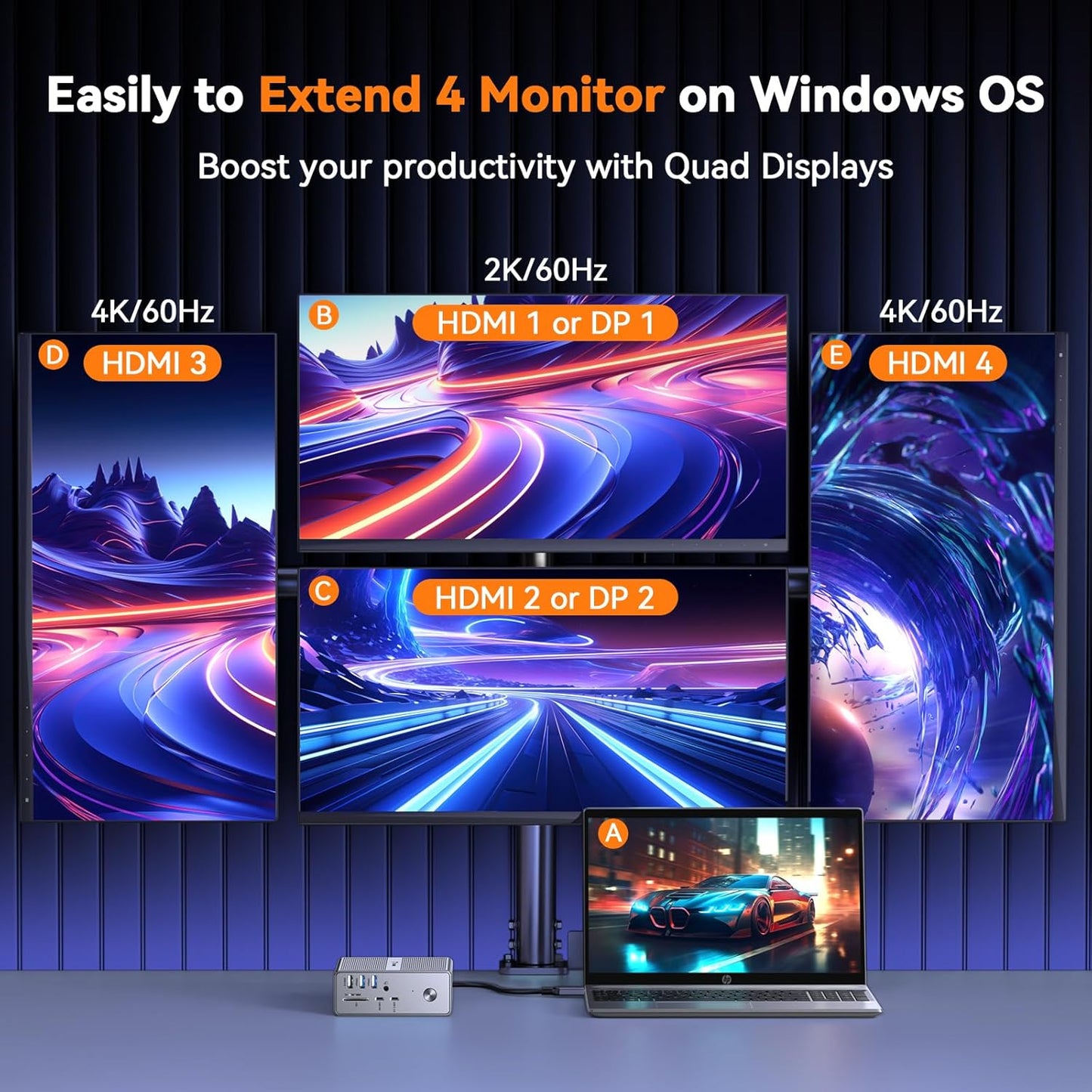 Tobenone 18-in-1 Quad Monitor Docking Station with 4 HDMI Grey-120W Power DEMO