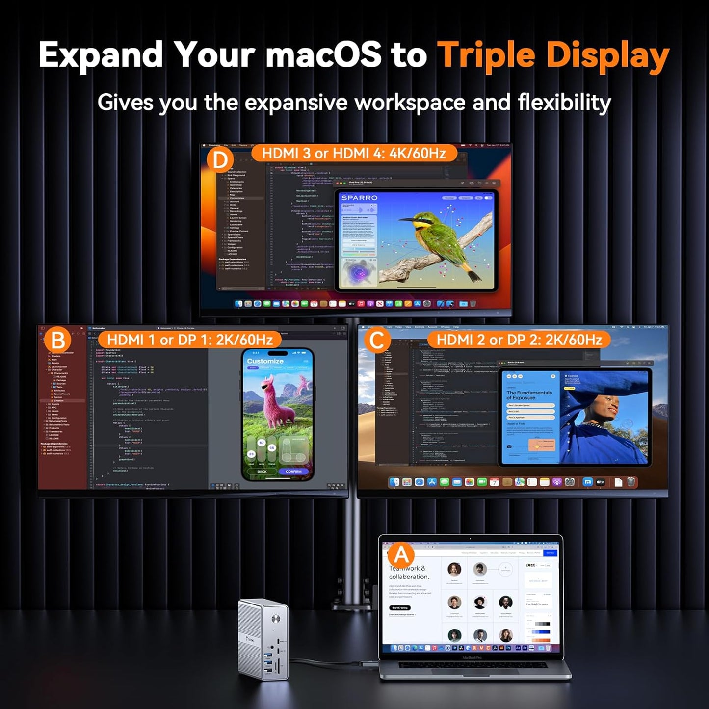 Tobenone 18-in-1 Quad Monitor Docking Station with 4 HDMI Grey-120W Power DEMO