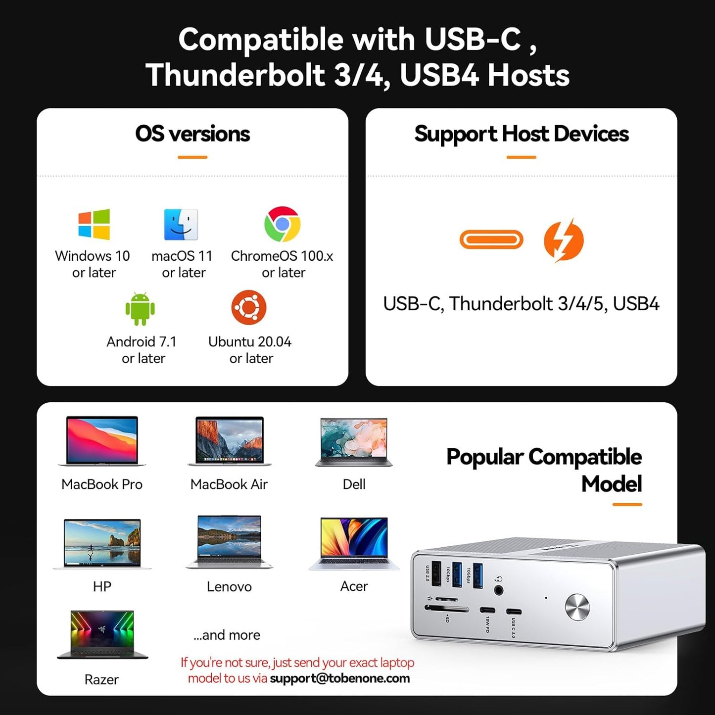 Tobenone 18-in-1 Quad Monitor Docking Station with 4 HDMI Grey-120W Power DEMO