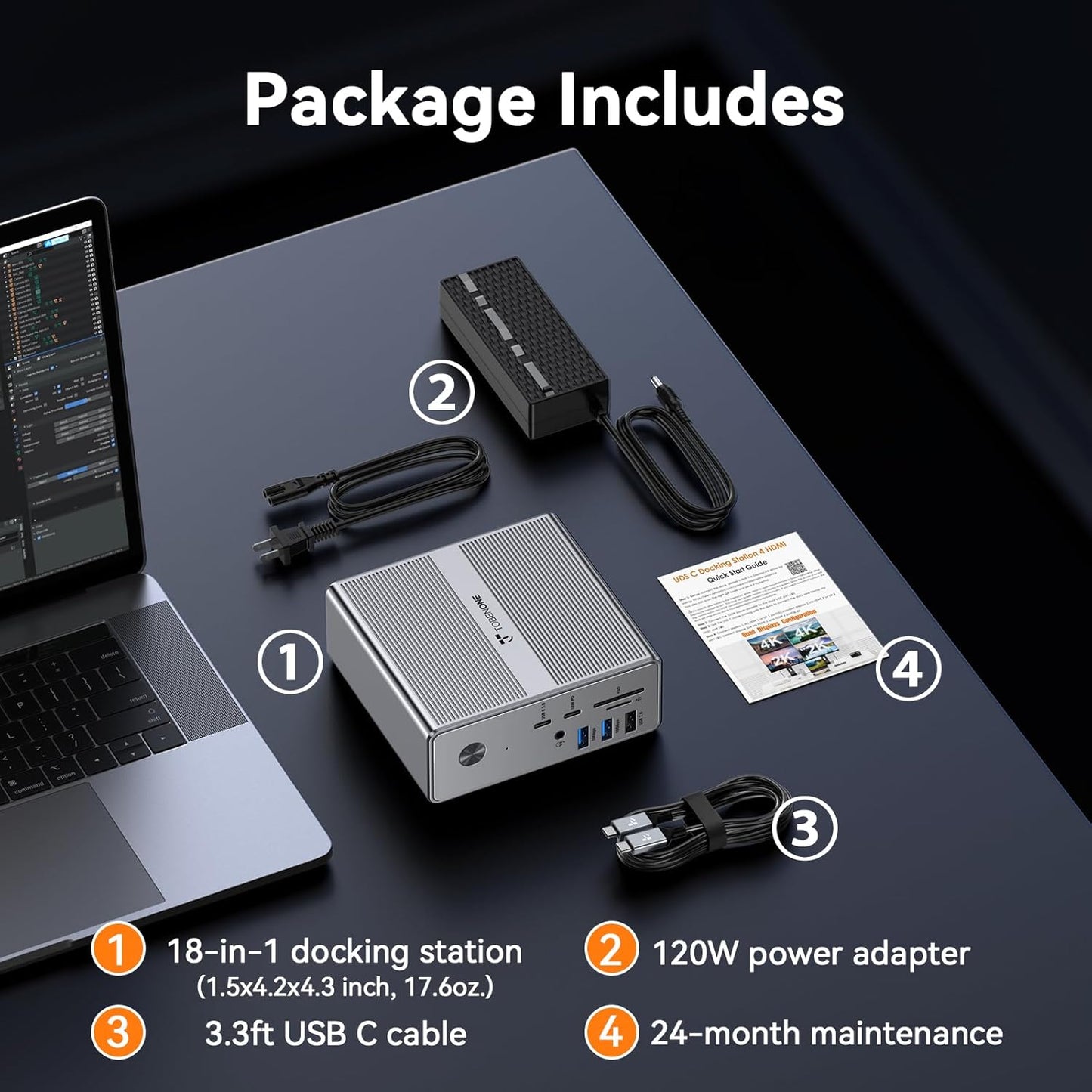 Tobenone 18-in-1 Quad Monitor Docking Station with 4 HDMI Grey-120W Power DEMO