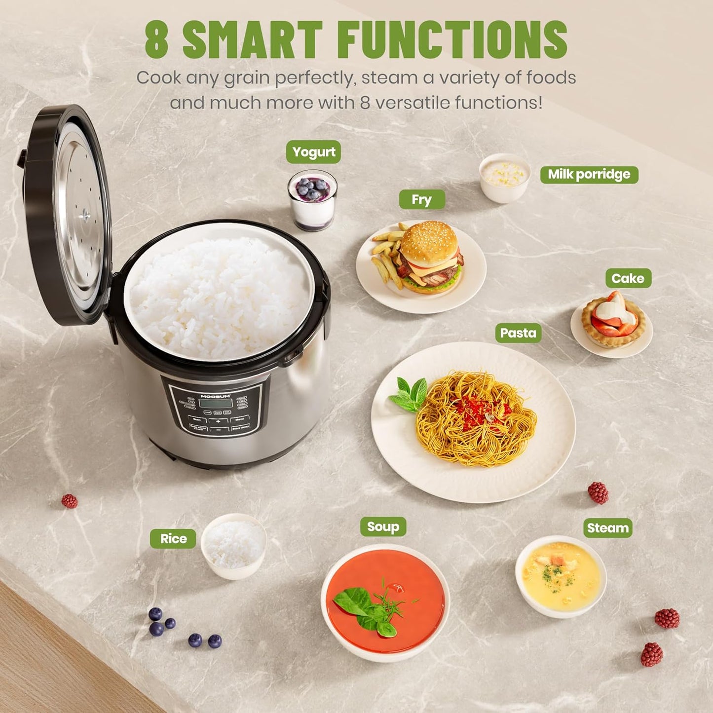 Moosum 1.8L Rice Cooker with Ceramic Coated Pot PFAS/PFOA-Free 8-in-1 NEW