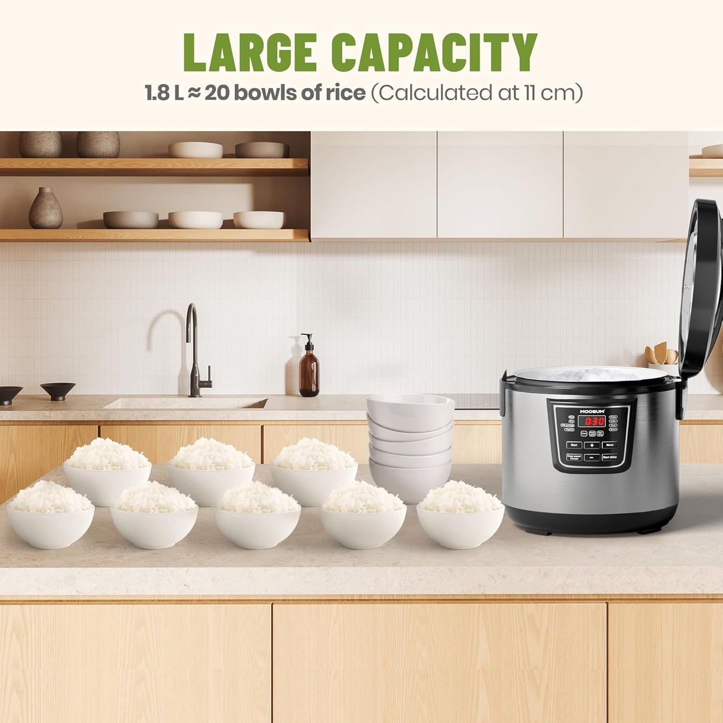 Moosum 1.8L Rice Cooker with Ceramic Coated Pot PFAS/PFOA-Free 8-in-1 NEW