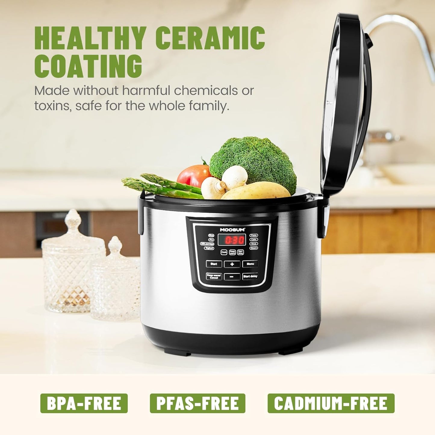 Moosum 1.8L Rice Cooker with Ceramic Coated Pot PFAS/PFOA-Free 8-in-1 NEW