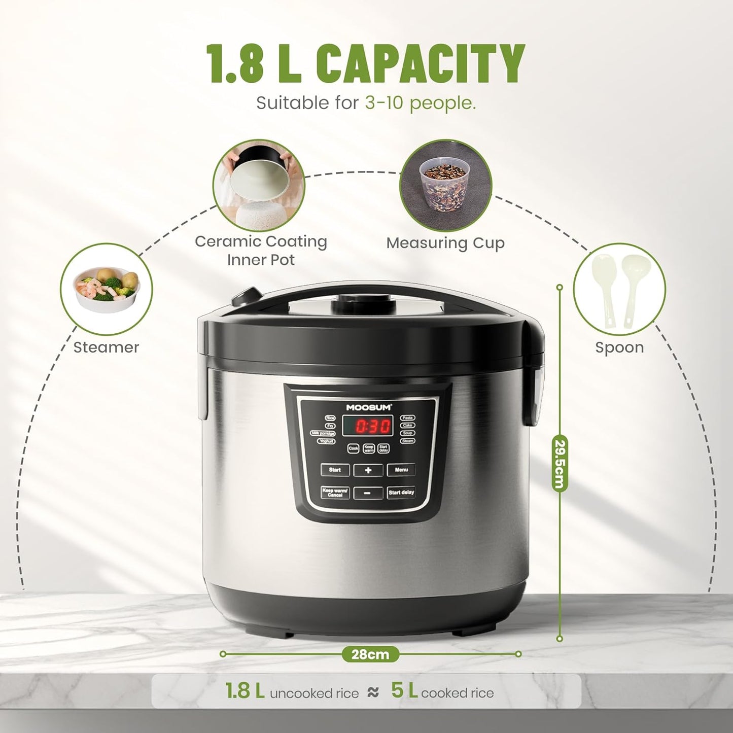 Moosum 1.8L Rice Cooker with Ceramic Coated Pot PFAS/PFOA-Free 8-in-1 NEW