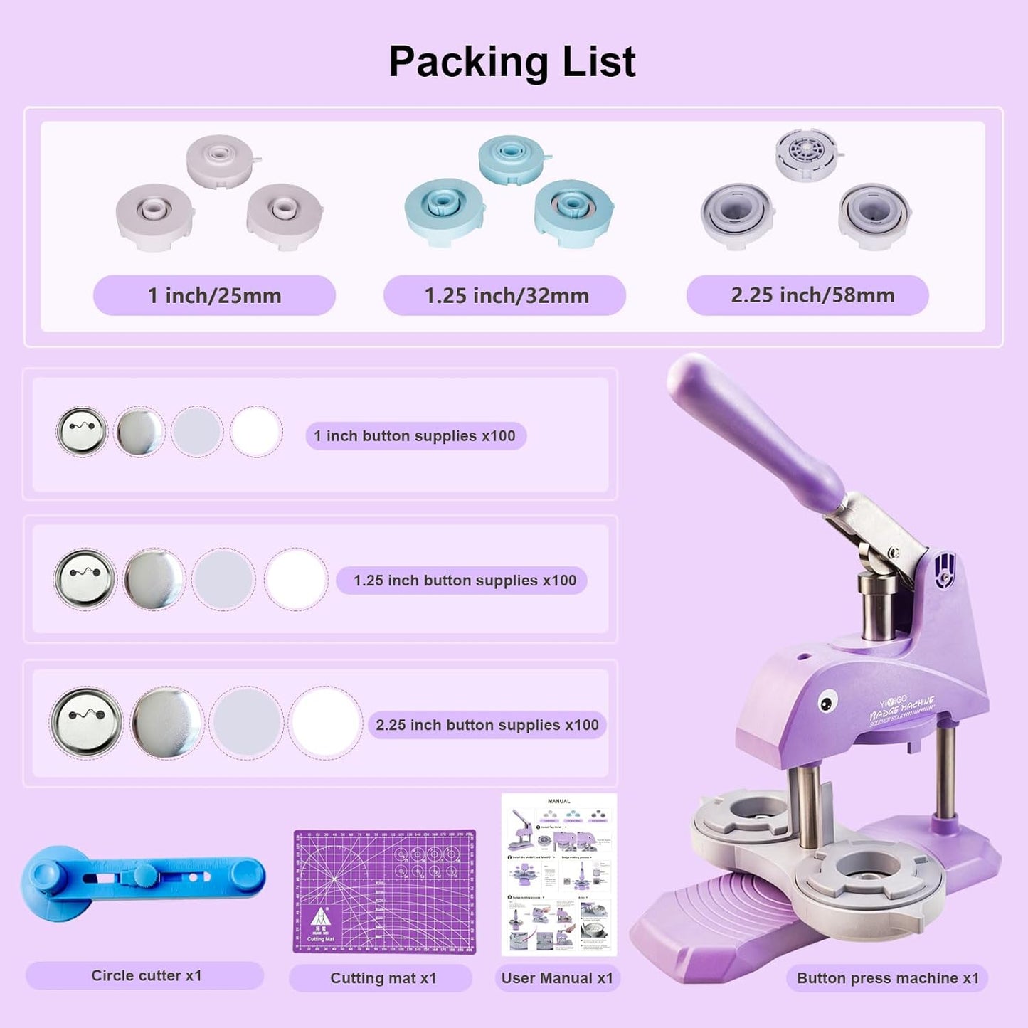 YiiYiiGO Arts & Crafts Button Maker Machine 25mm+32mm+58mm Sizes Purple DEMO