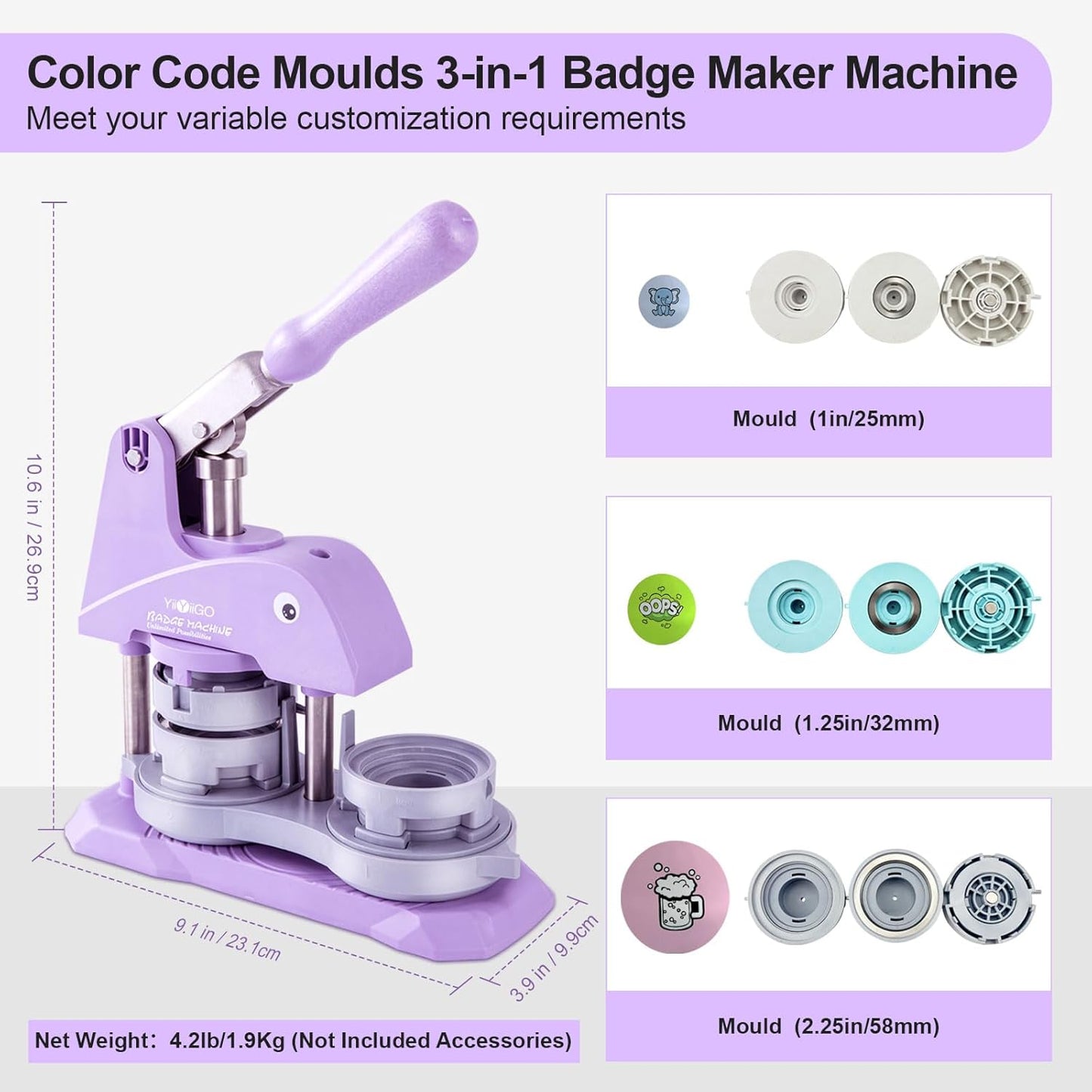 YiiYiiGO Arts & Crafts Button Maker Machine 25mm+32mm+58mm Sizes Purple DEMO
