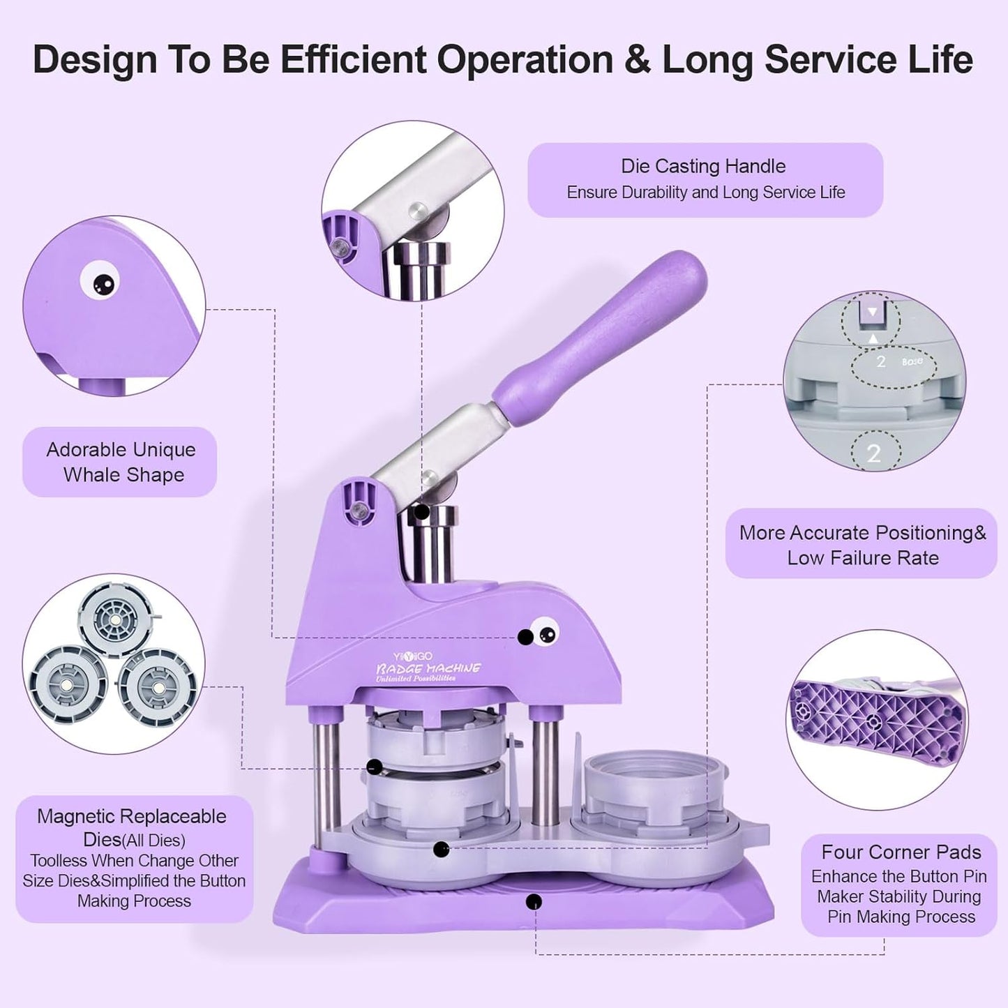 YiiYiiGO Arts & Crafts Button Maker Machine 25mm+32mm+58mm Sizes Purple DEMO
