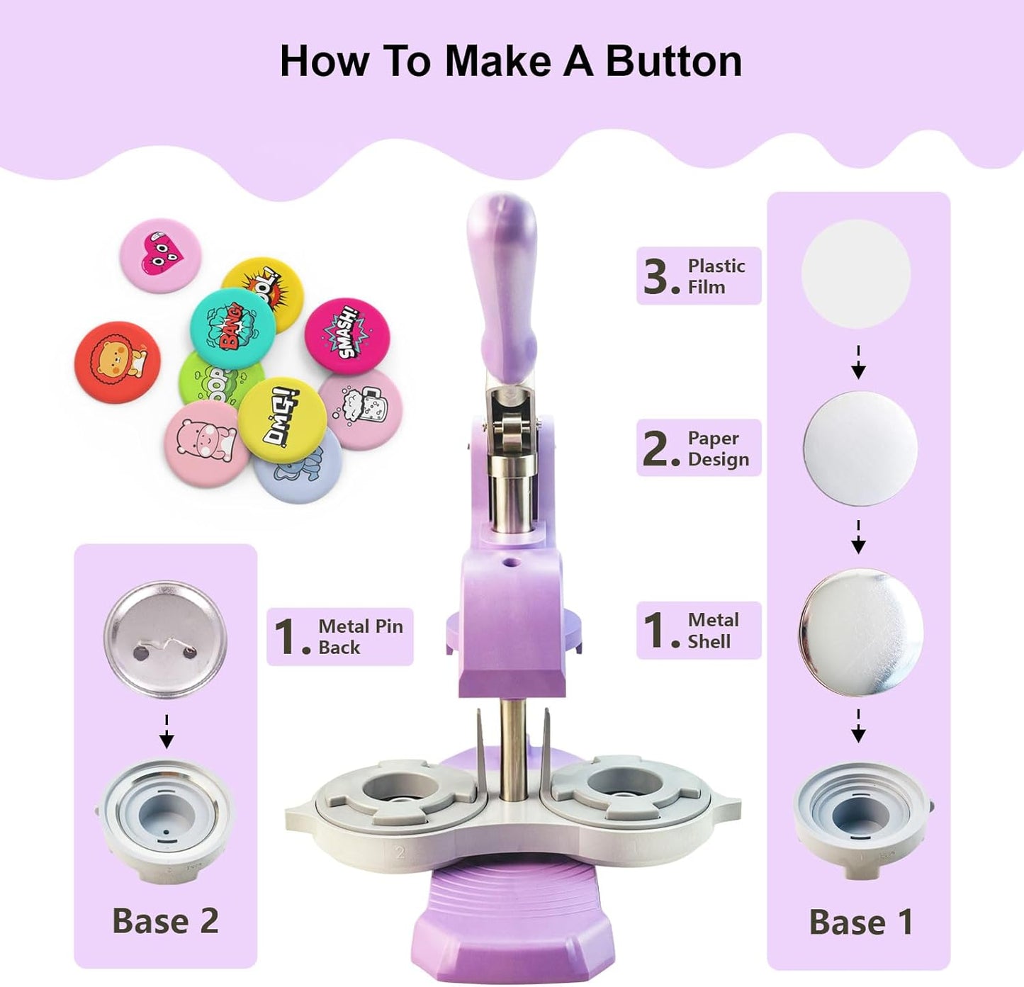 YiiYiiGO Arts & Crafts Button Maker Machine 25mm+32mm+58mm Sizes Purple DEMO