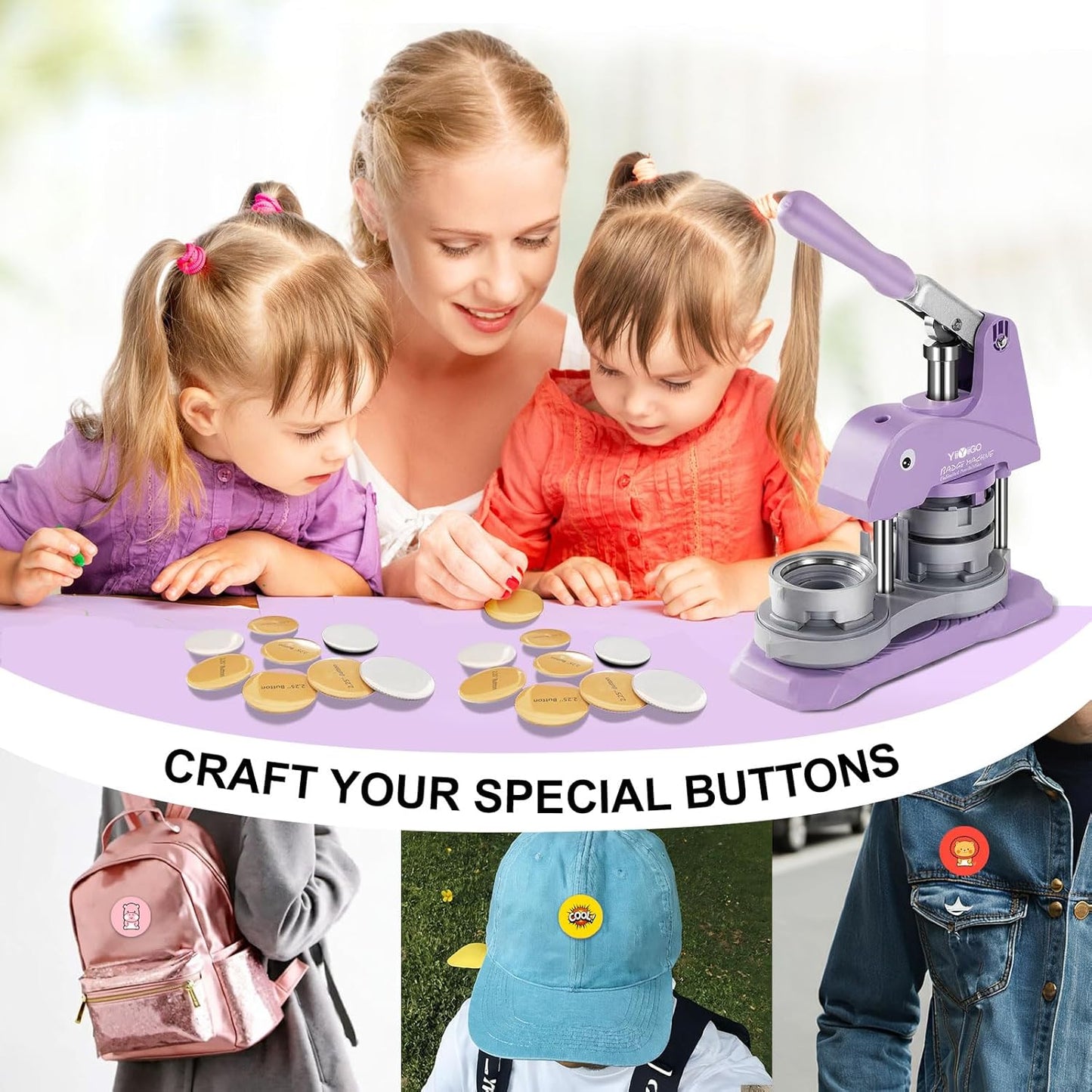 YiiYiiGO Arts & Crafts Button Maker Machine 25mm+32mm+58mm Sizes Purple DEMO