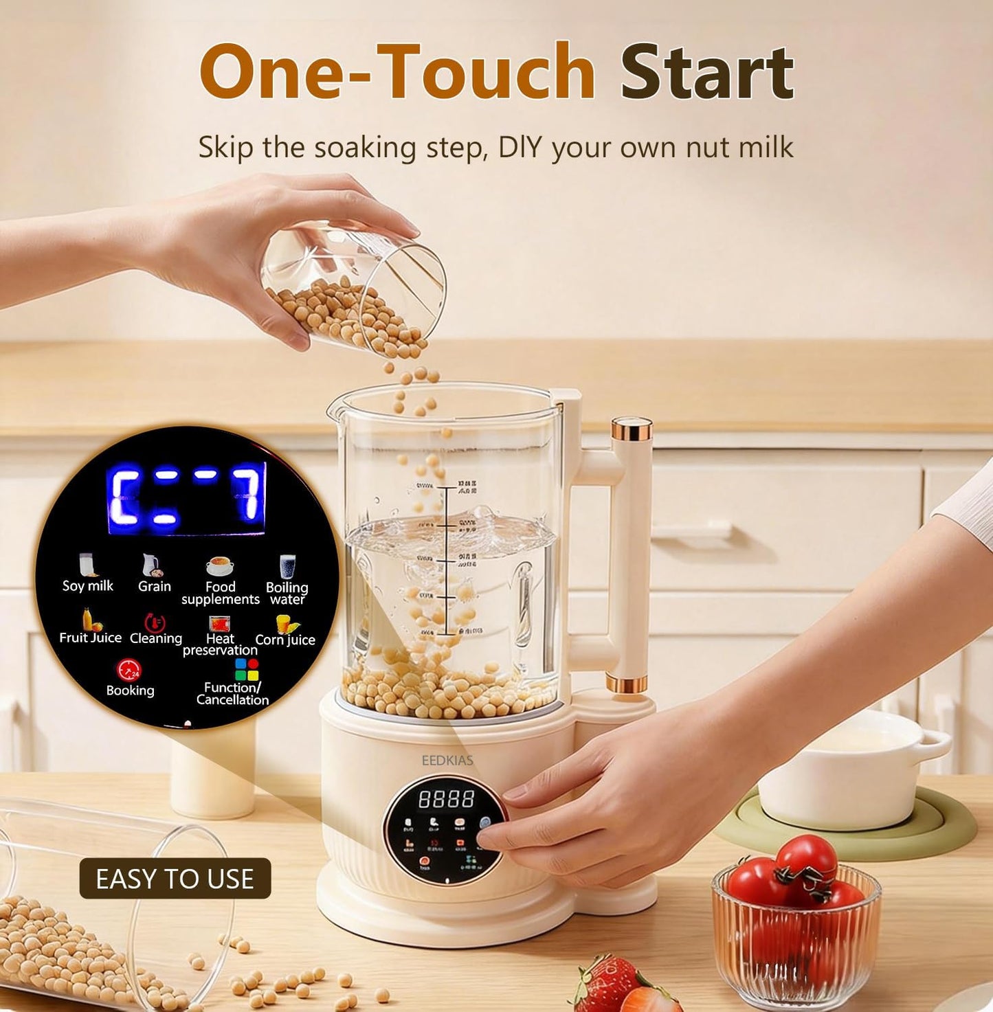EEDKIAS Automatic Almond Milk Maker Machine, 1500ML Jug Blender, Beige, NEW