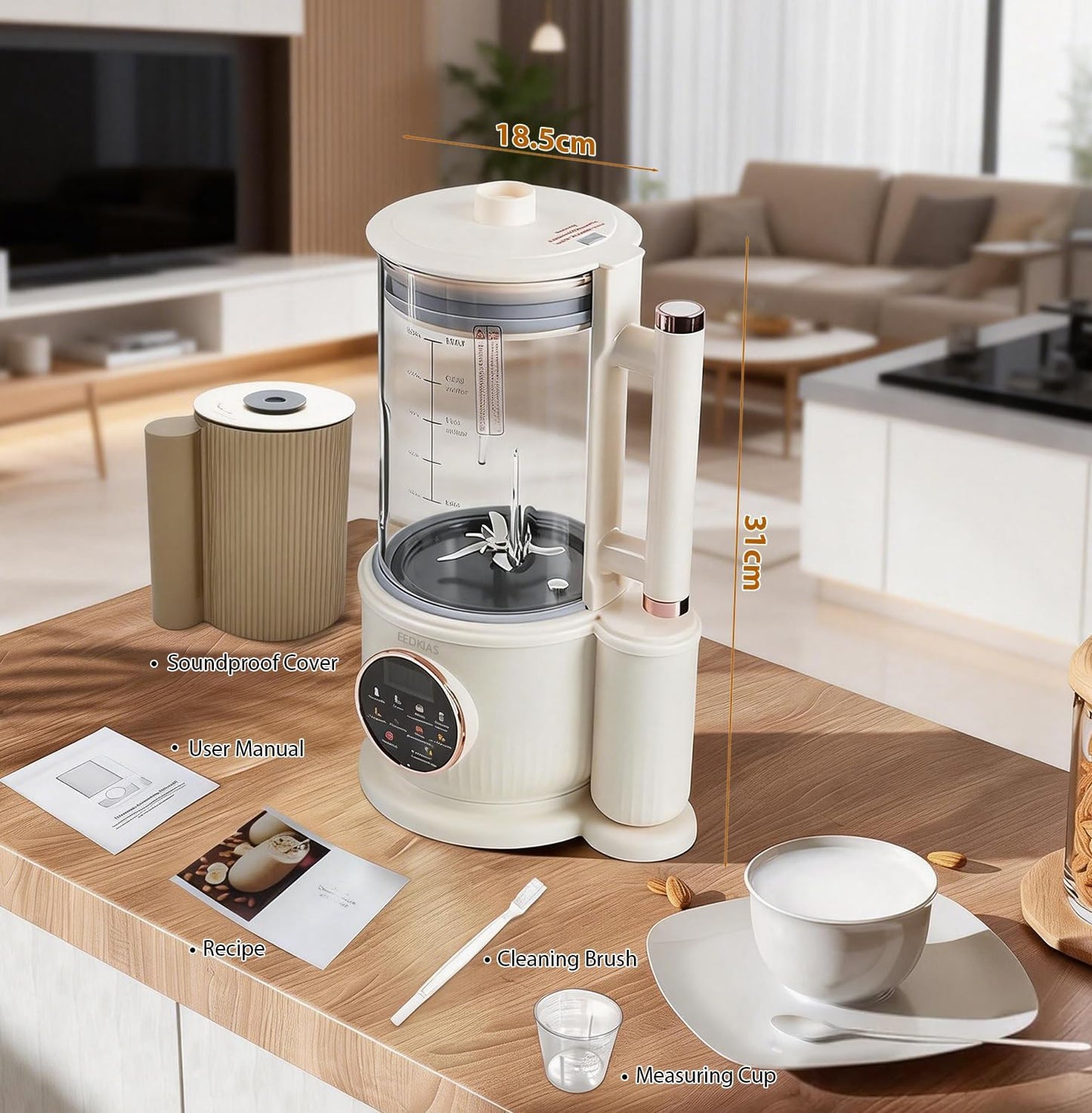 EEDKIAS Automatic Almond Milk Maker Machine, 1500ML Jug Blender, Beige, NEW