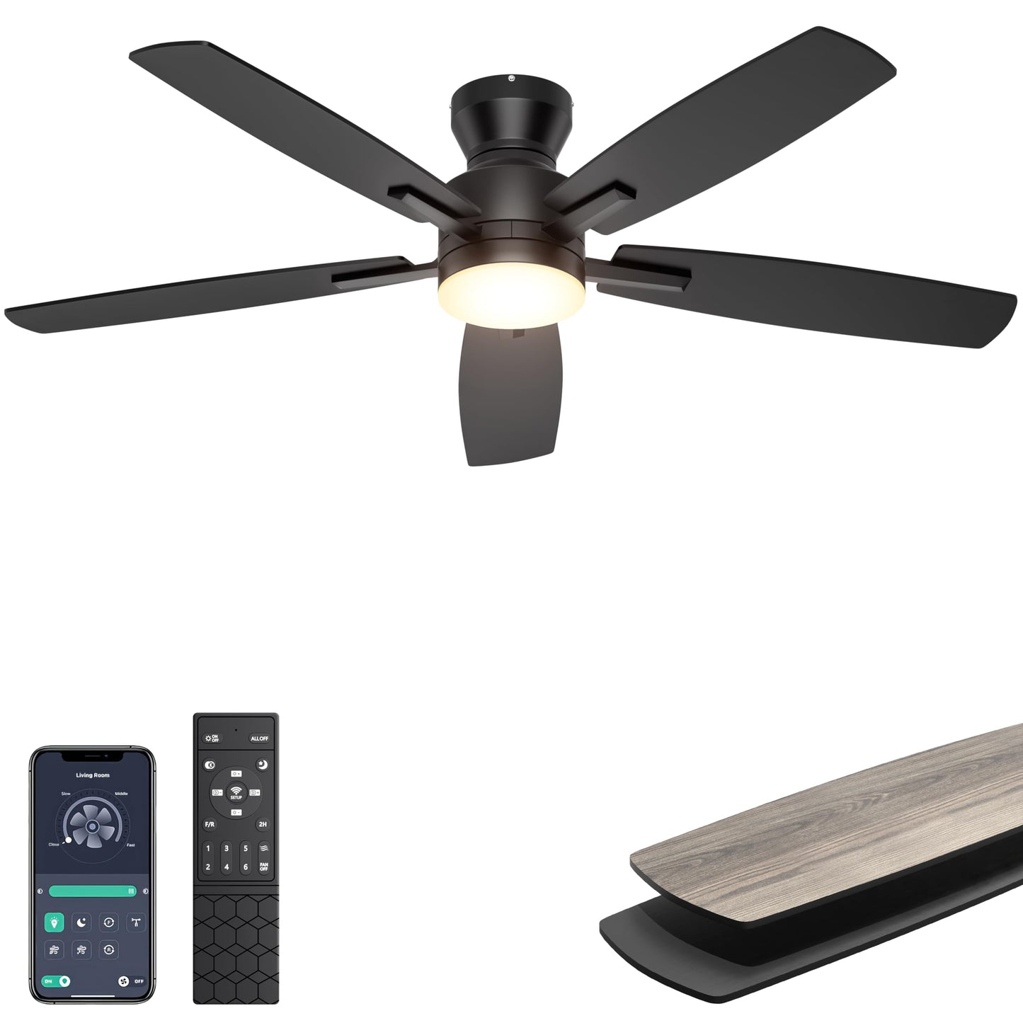 Ohniyou 52 Inch Low Profile Ceiling Fan with Light and Remote Control, DEMO