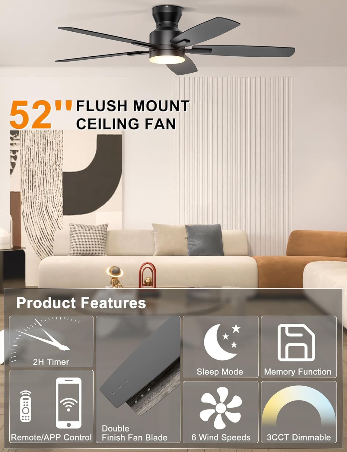 Ohniyou 52 Inch Low Profile Ceiling Fan with Light and Remote Control, DEMO