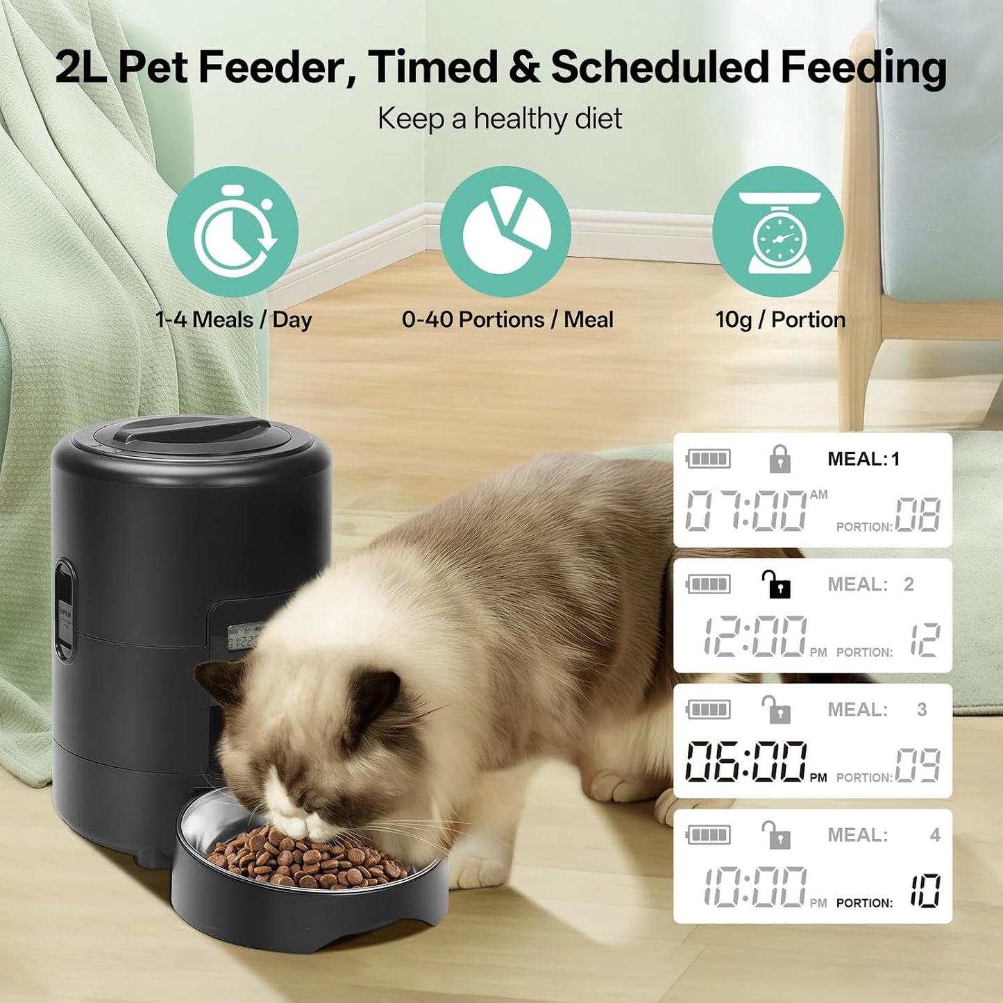BFLICROY Automatic 2L Pet Feeder, Timed Dog Cat Food Dispenser, Black NEW