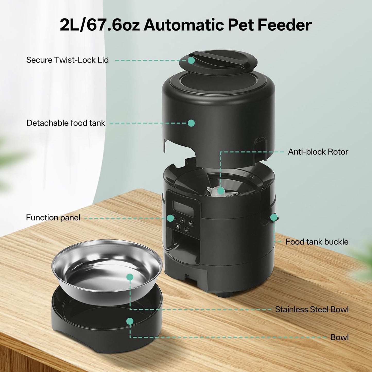 BFLICROY Automatic 2L Pet Feeder, Timed Dog Cat Food Dispenser, Black NEW