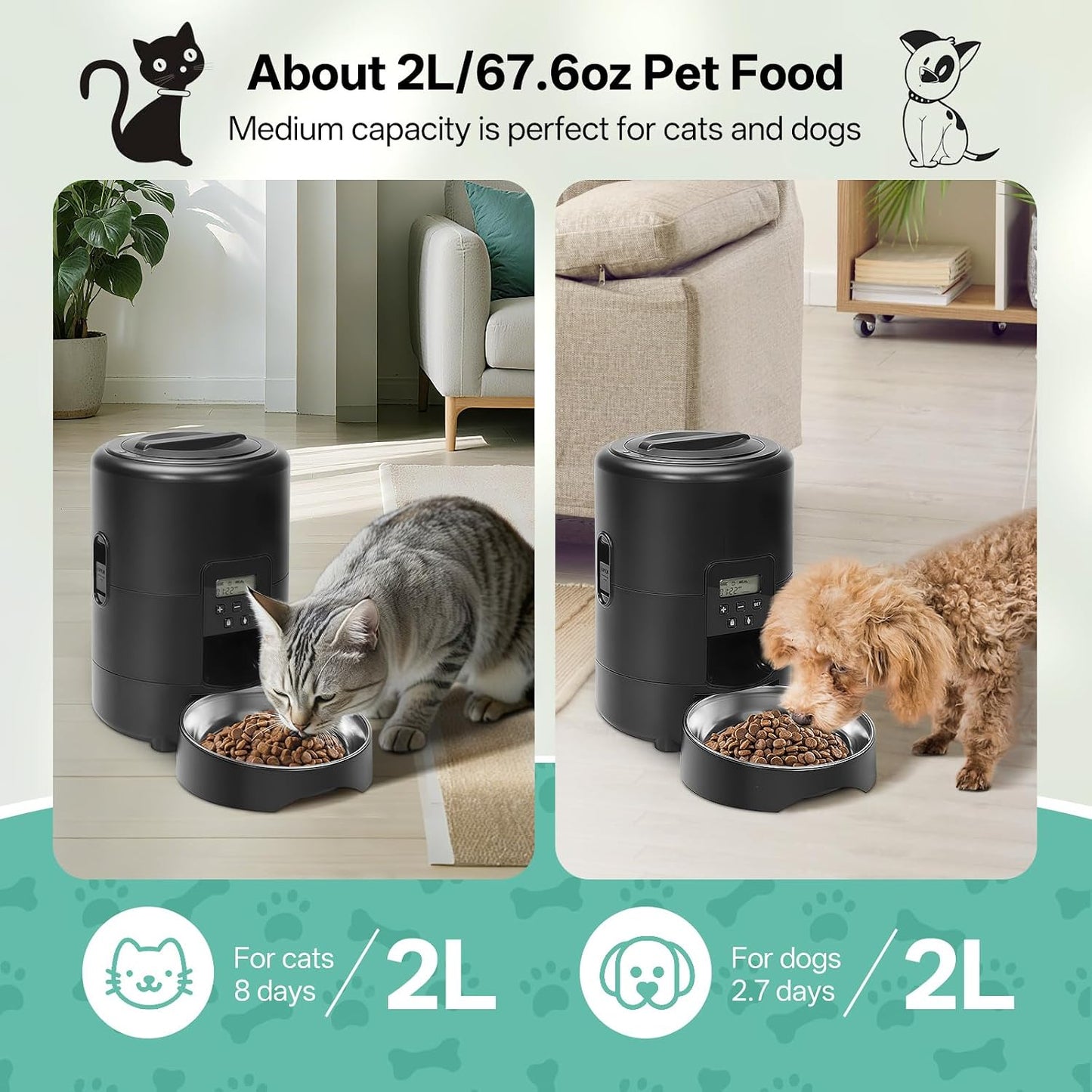 BFLICROY Automatic 2L Pet Feeder, Timed Dog Cat Food Dispenser, Black NEW