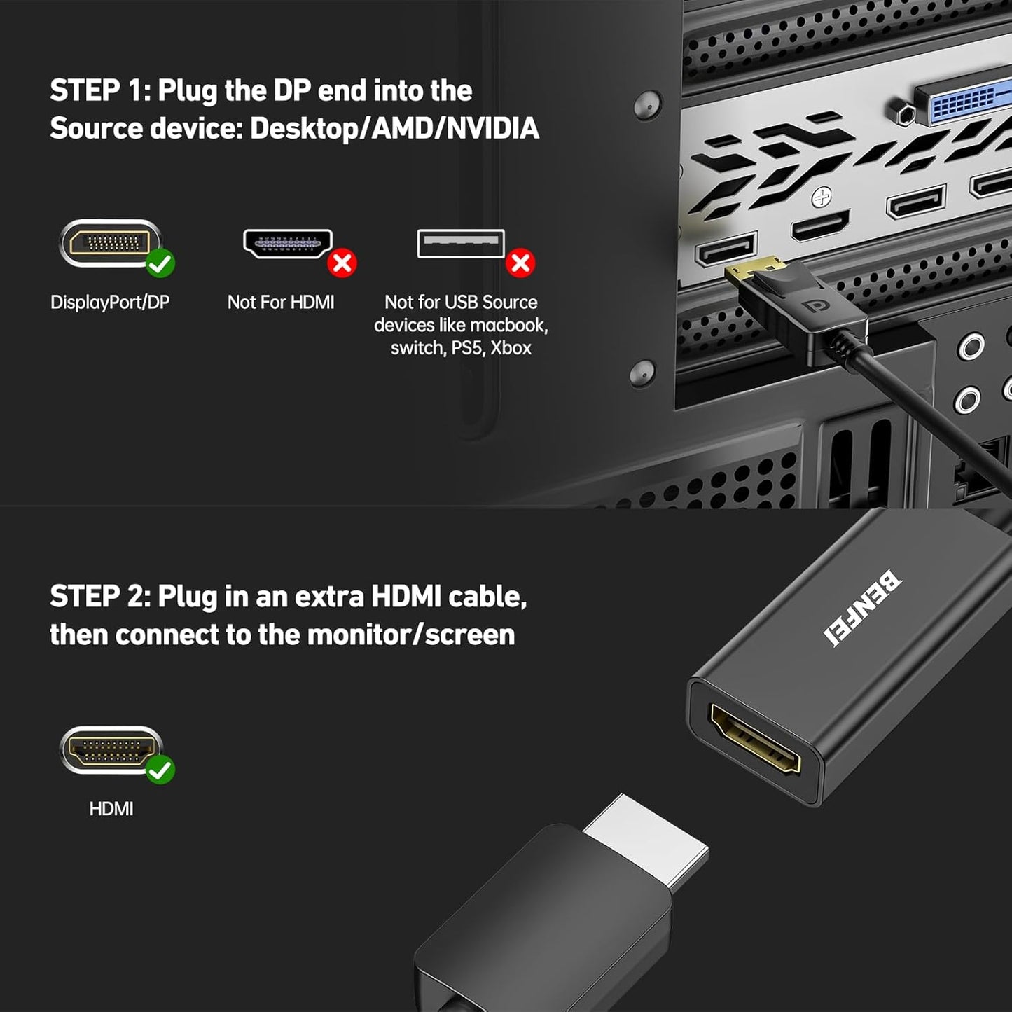 BENFEI 4K Adapters DisplayPort to HDMI Adapter - Gold-Plated DP Converter DEMO