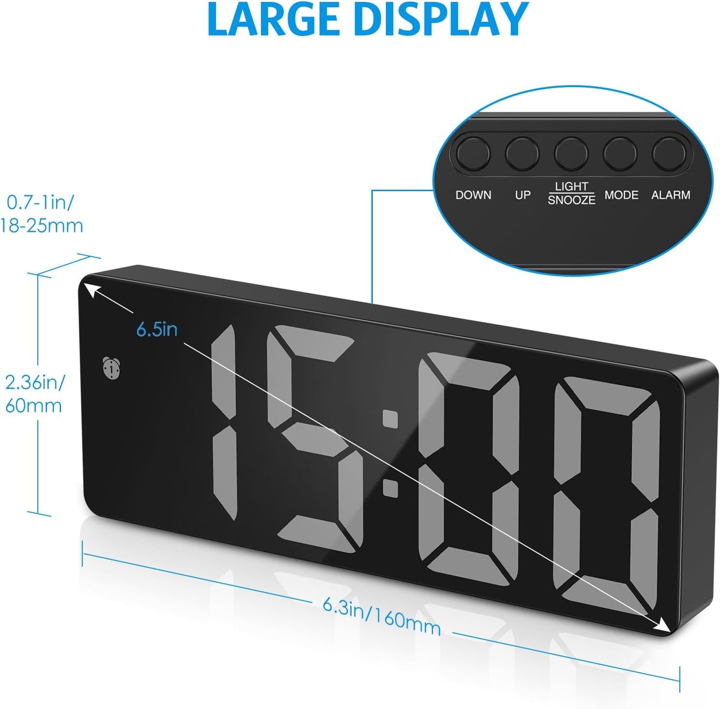 AMIR Digital Alarm Clock LED Electronic Bedside Full Black 1.78 cm x 16 DEMO