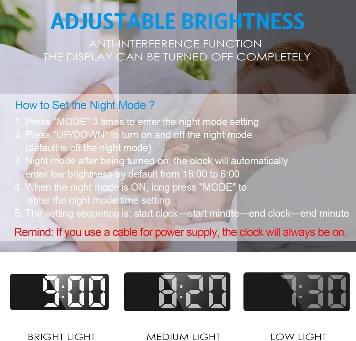 AMIR Digital Alarm Clock LED Electronic Bedside Full Black 1.78 cm x 16 DEMO