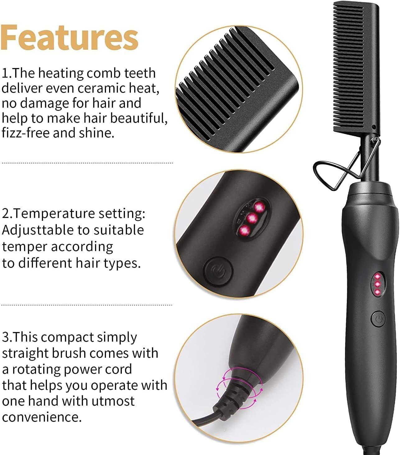 AliLeader Hair Straightener Black Hot Comb Heat Pressing Portable One Size NEW