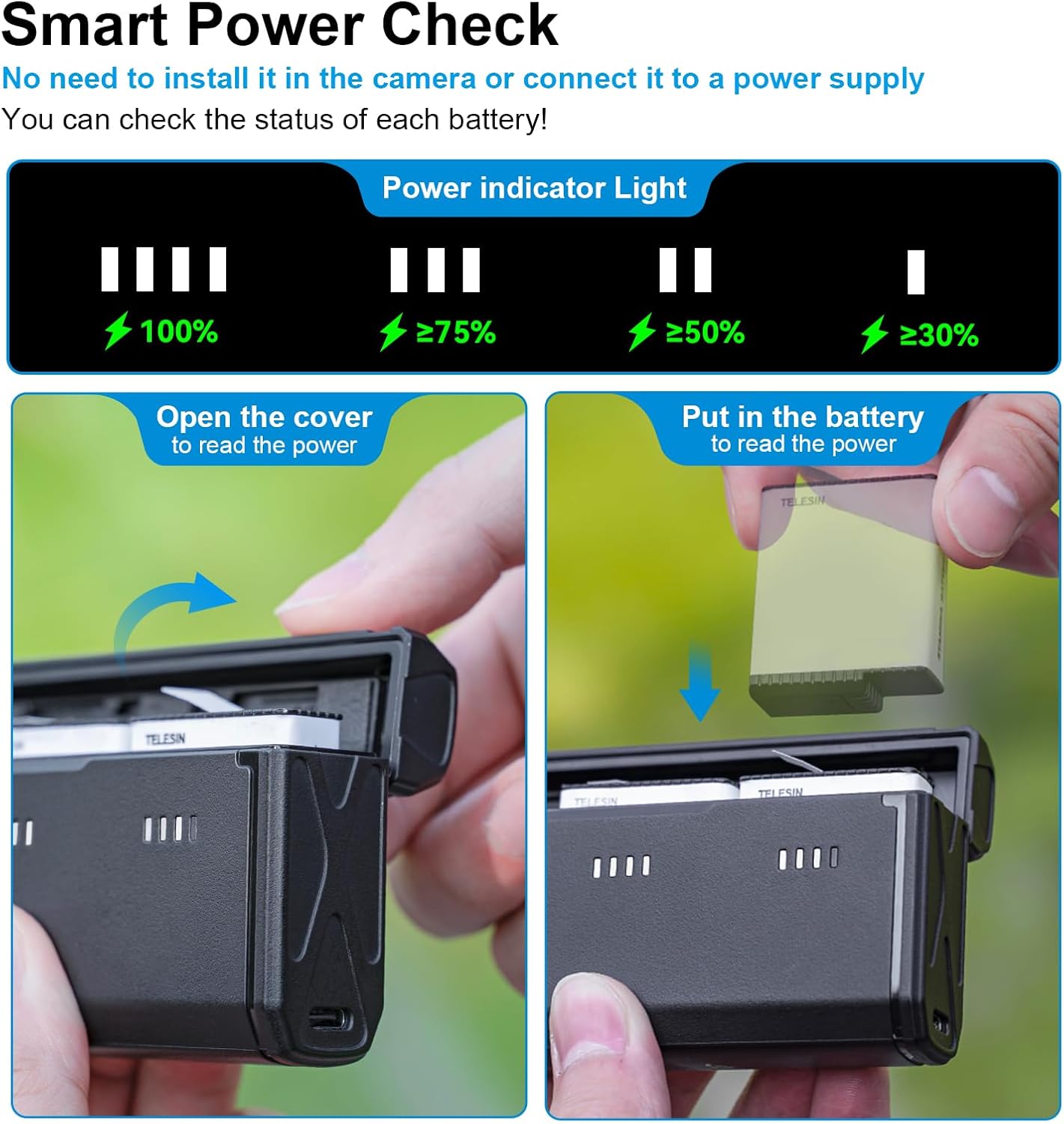 TELESIN Enduro Battery Charger with Smart Power Indicator and Side Charging NEW