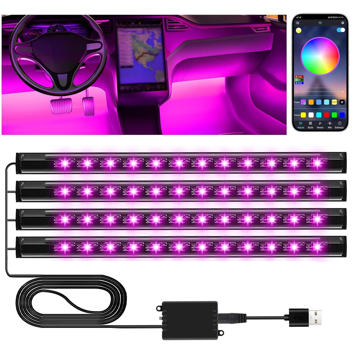 Winzwon RGB LED Lights for Car Interior Neon Light Kits - Multicolor Accent NEW
