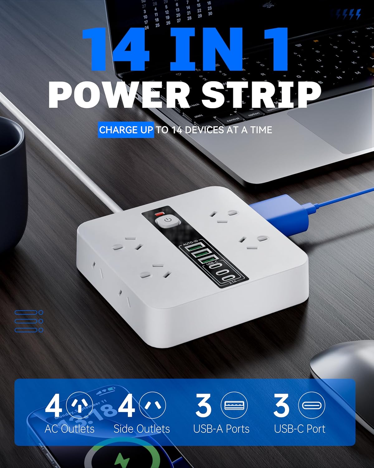 Rigurgito 8-Outlet Power Strip with 6 USB Ports, Surge Protected, White NEW