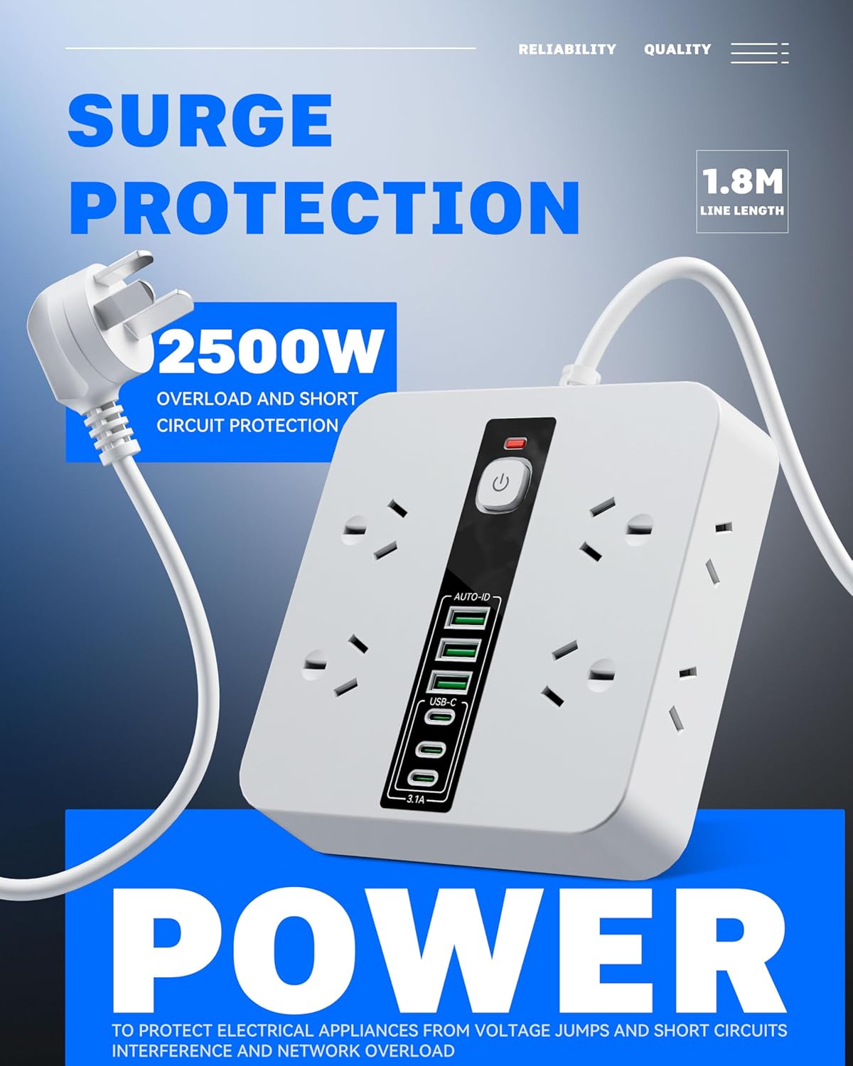 Rigurgito 8-Outlet Power Strip with 6 USB Ports, Surge Protected, White NEW